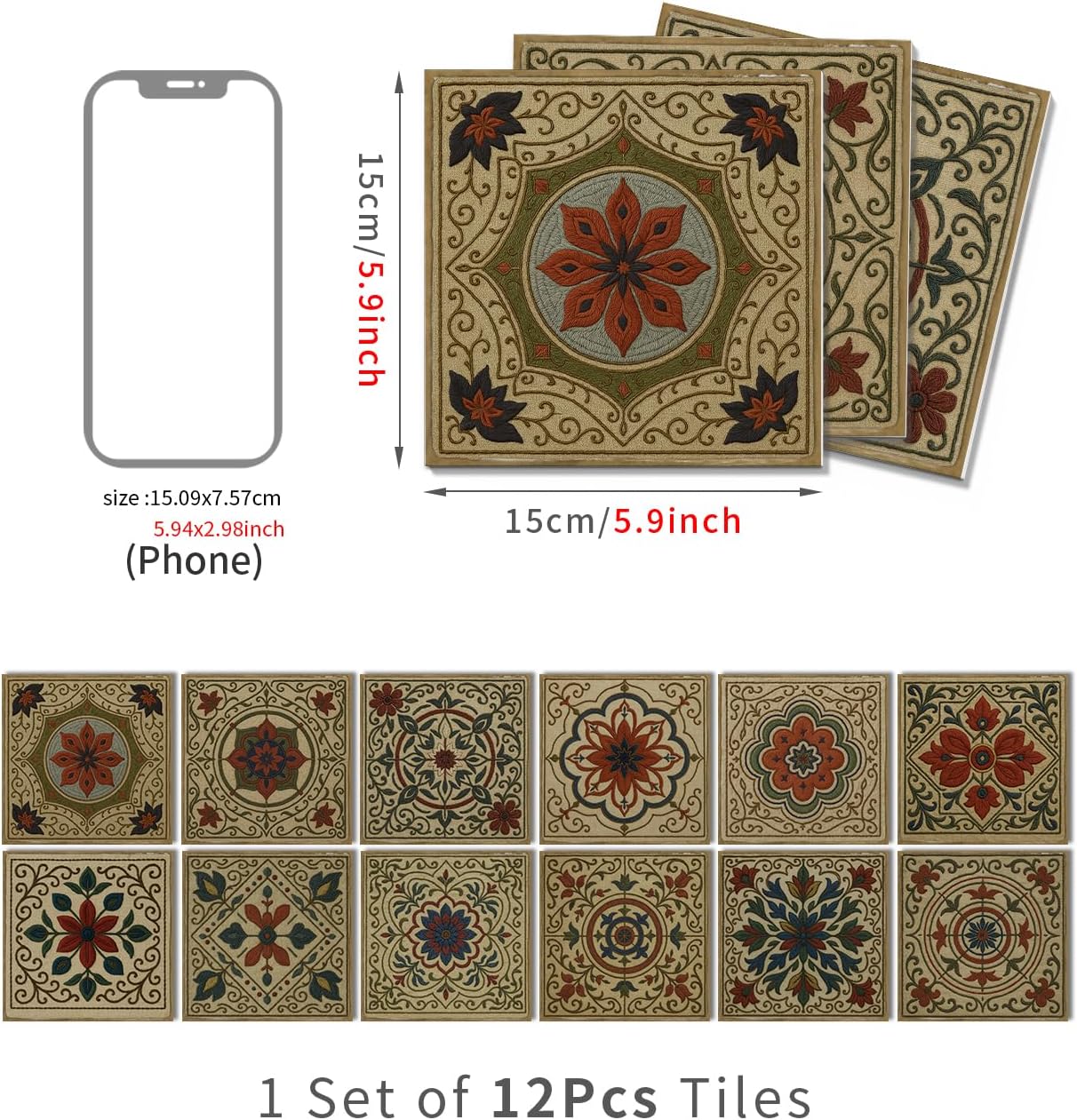 VICCI Waterproof Peel & Stick Tile 12Pcs - 5.9x5.9 Inch Bathroom Backsplash Sticker | Shower, Laundry Room, RV Wall | Home Renovation