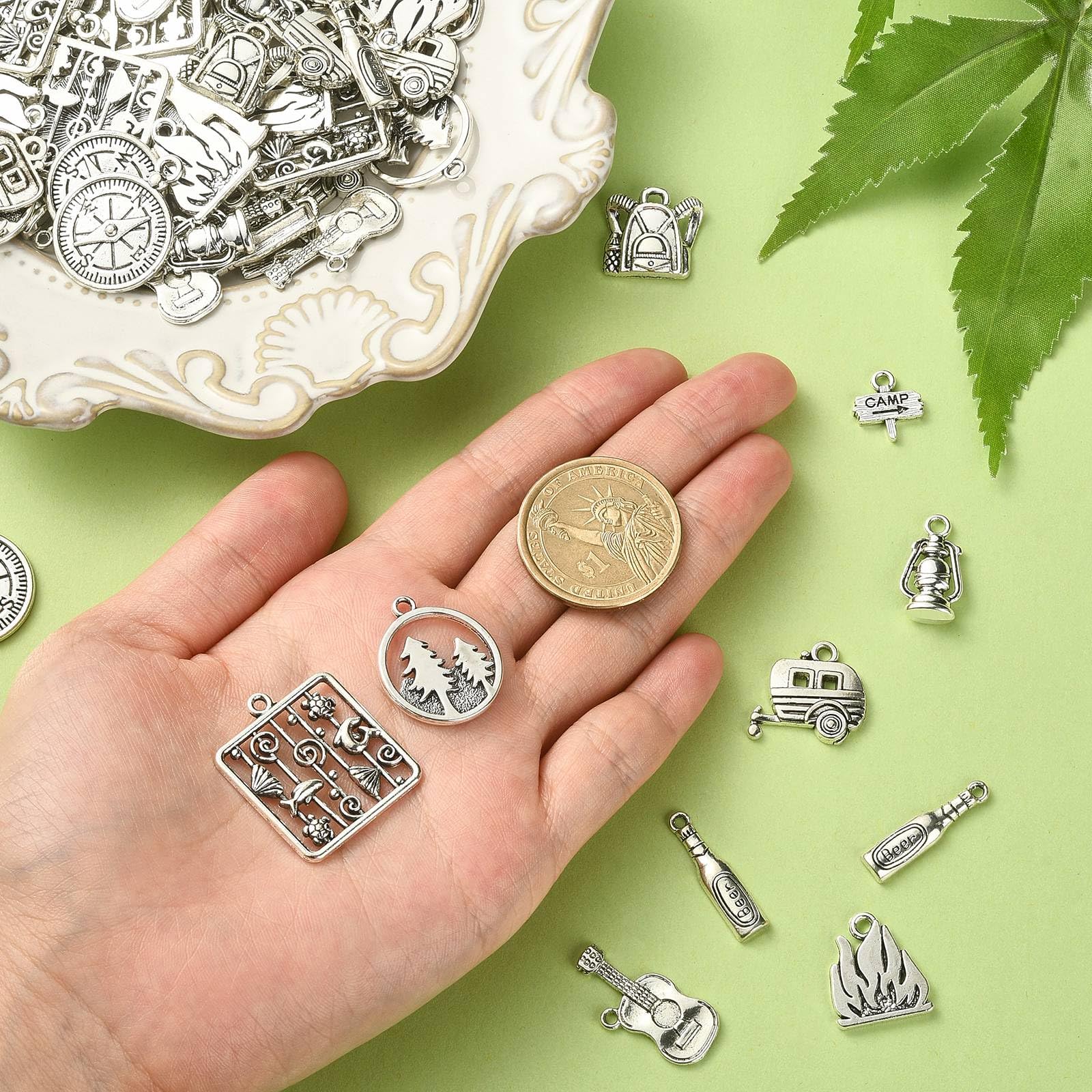 Stiesy 100Pcs 10 Styles Tibetan Silver Camp Charms Vintage Compass Guitar Pendant Charms Antique Travel Camping Van Charm for DIY Bracelet Jewellery Making - Image 3