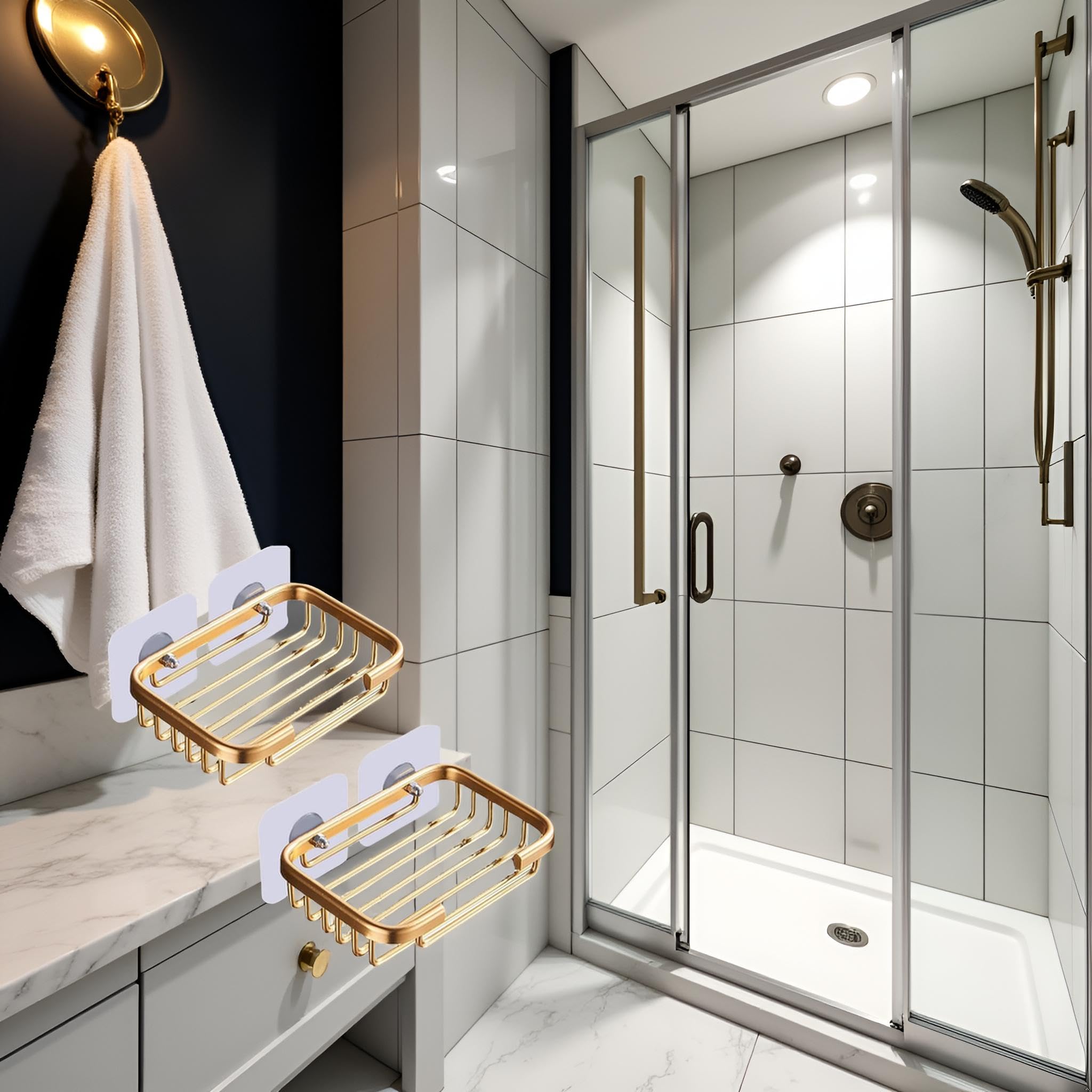 2 jaboneras doradas para ducha, estante de drenaje colgante creativo, soporte autoadhesivo para jabonera, estante de almacenamiento de jabonera, sin daños, para colgar en el baño, sin taladros, 9