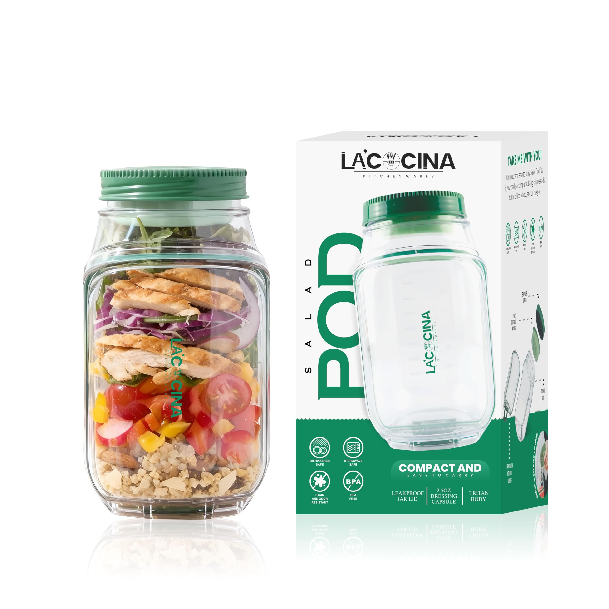 La'Cocina Portable Salad Jar, Salad Pod Leakproof Container, Tritan Material, 4.5 Cup Capacity, Microwave and Dishwasher Safe, for Office, Gym and Travel
