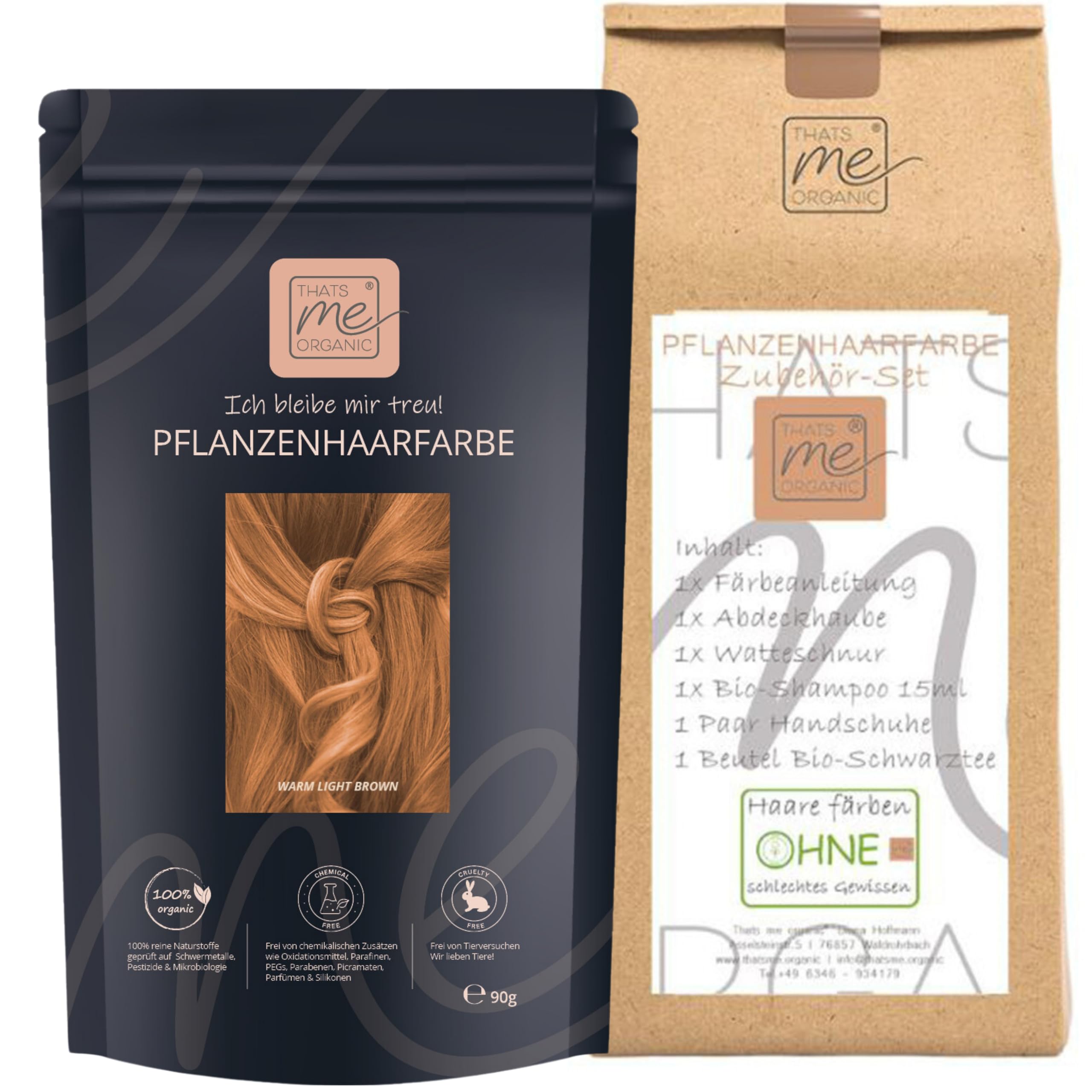 Thats me Organic® Profi Pflanzenhaarfarbe + Zubehörset (warm light brown) – Bio Haarfarbe ohne Chemie – Haarfarbe für gesundes Haarefärben auch während Schwangerschaft und Stillzeit