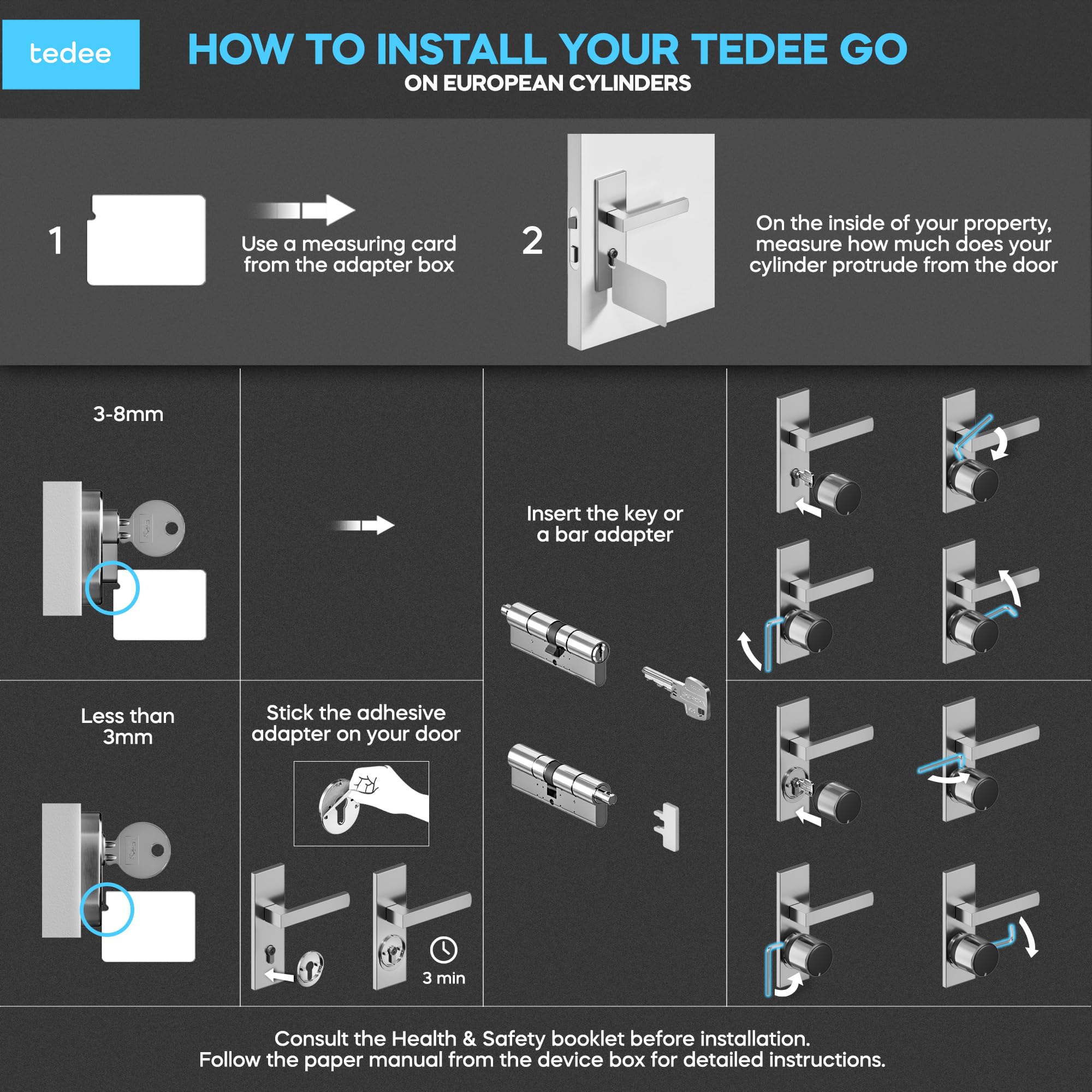 Tedee GO2 Alu Cerradura Inteligente con WiFi, Bluetooth y Sensor de Puerta, Acceso Remoto y Notificaciones por App, Bloqueo Automático sin Llave | Alexa, Google Home, Apple HomeKit, SmartThings Matter