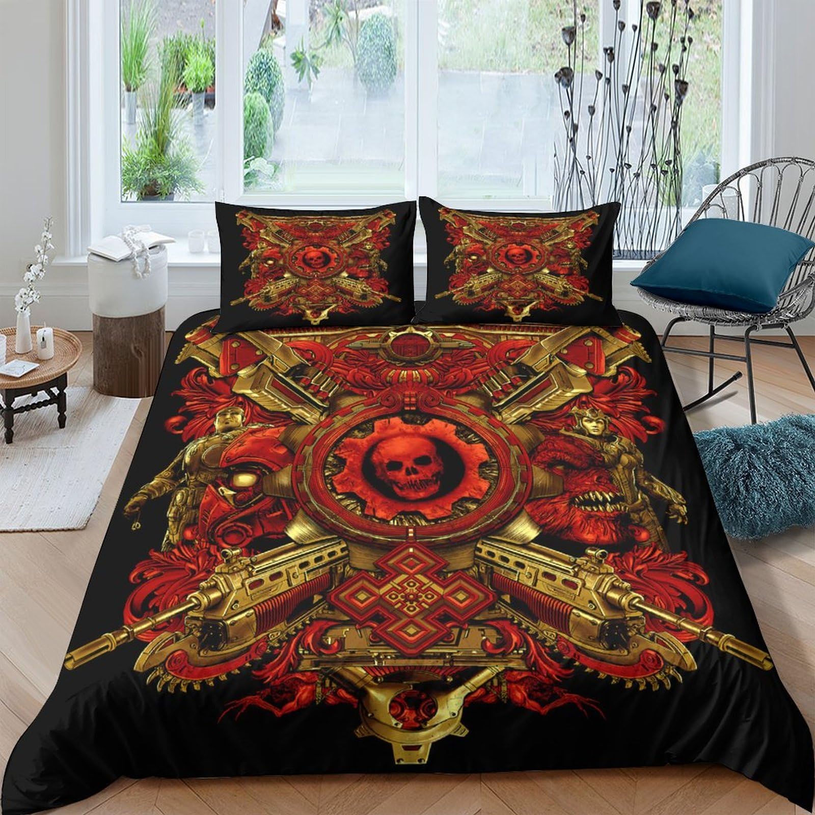 Ctjqhvkz Style-6 3D Printed Red Skull Fitted Sheet Microfiber Soft Gothic Gold Dragon Mattress Cover For Bedroom Dorm Decor Single（135X200cm）