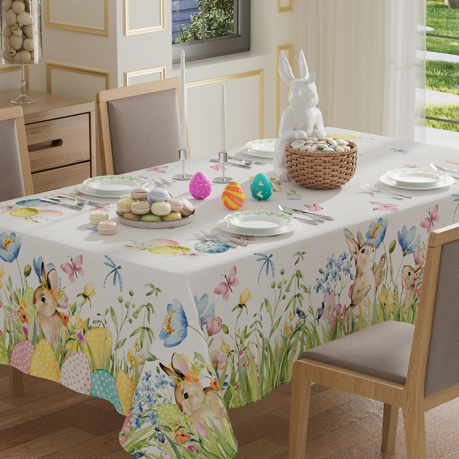 Photo 1 of XCHI Bunny Eggs Flower Butterfly Watercolor Rabbits Easter Tablecloth Rectangle Table Cloth Washable Table Covers for Indoor Dining Home Party Decorations 60x84 Inch