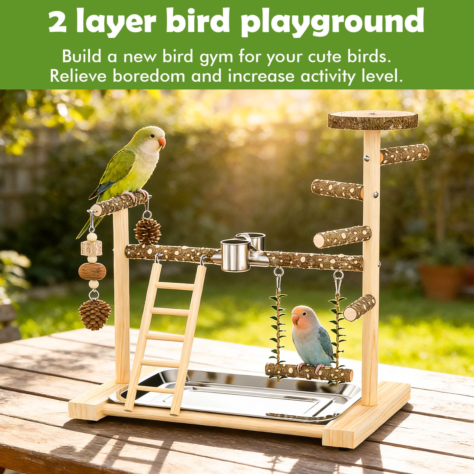Vogelspielplatz, Naturholz, Vogelsitzstange, Sittich-Spielplatz mit Schaukel, Leiter und Futterbecher, Vogel-Spielständer für Nymphensittiche, Sittiche, Sittiche, Sittiche