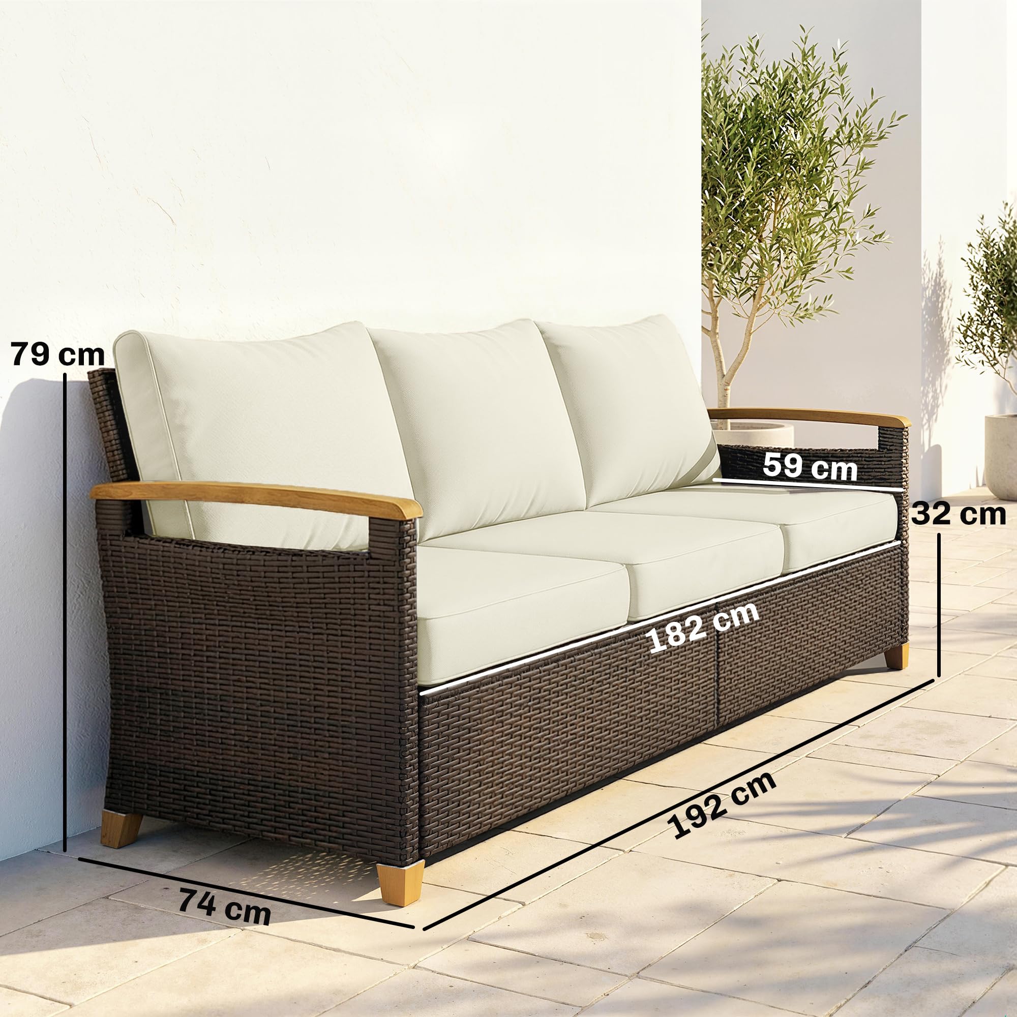 Outsunny Divanetto da Esterno a 3 Posti in Rattan PE, Divano da Giardino con Braccioli Effetto Legno, Cuscini Lavabili, Struttura in Acciaio, per Terrazzo, Patio e Balcone, Veranda, Marrone e Crema