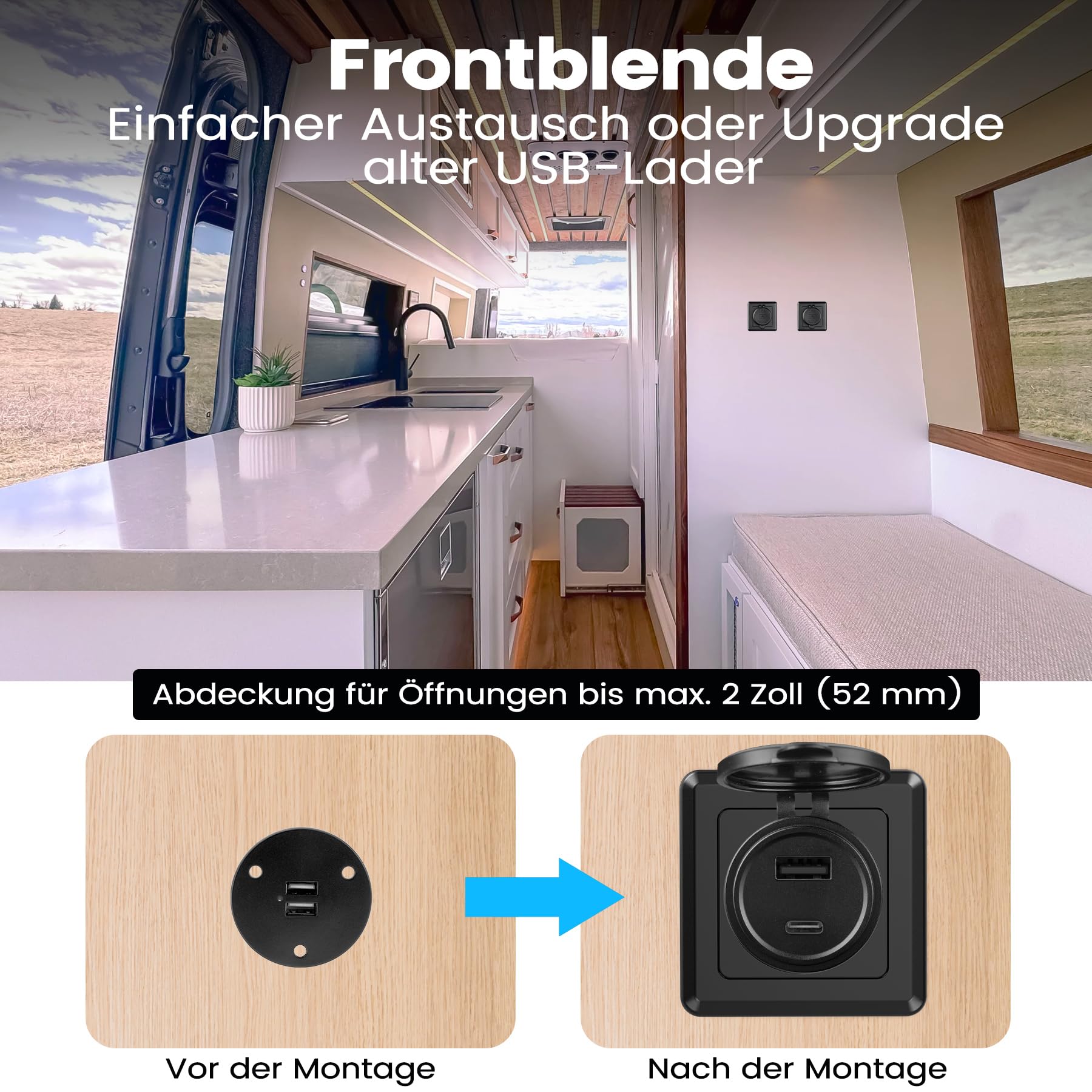 RV USB-A/C Dual Port Socket QC3.0 Tipo A & PD3.0 Tipo-C, Uscita di ricarica rapida USB in alluminio 12V con facciata nera, ideale per RV, barca, caravan, rimorchio camper (2 confezioni)