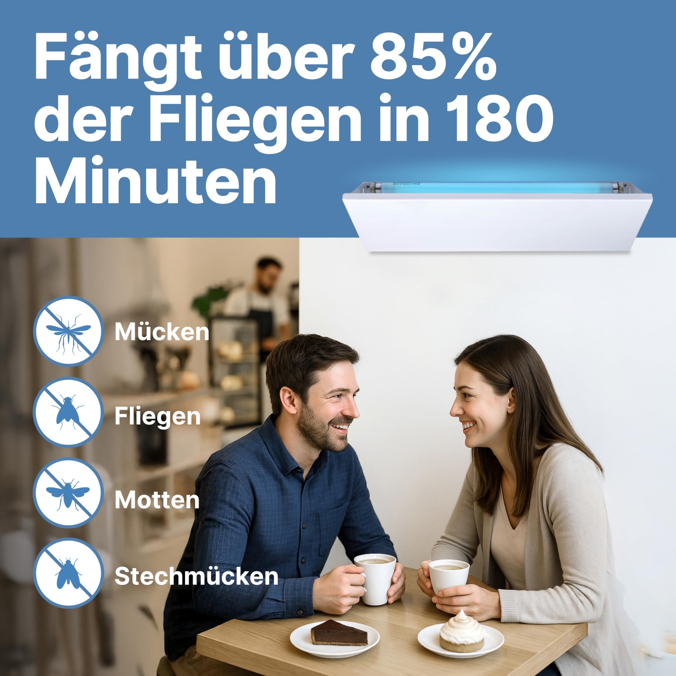 Novokill UV LED Fliegenfänger Insektenvernichter weiß – Fliegenfalle mit Klebefläche – geräuschlos, hygienisch – Für Innenräume & Gastronomie bis 60 m² – Fliegen, Fruchtfliegen, Motten, Mücken