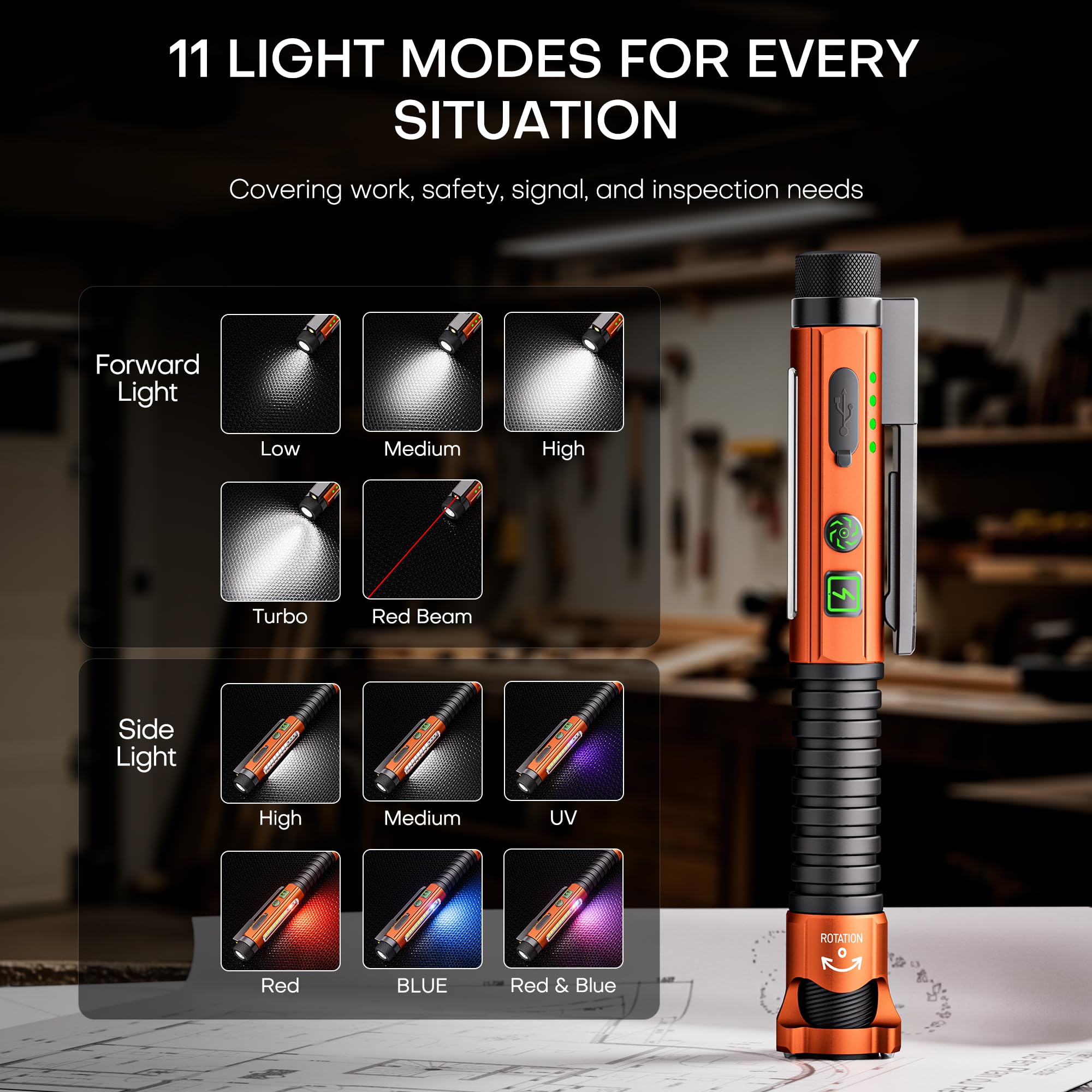 EDC - Torcia tascabile ricaricabile, 800 lumen, con fascio rosso, U V e LED bianco, clip magnetica e base, 11 modalità di illuminazione, interruttore di vetro e apribottiglie per lavoro, casa