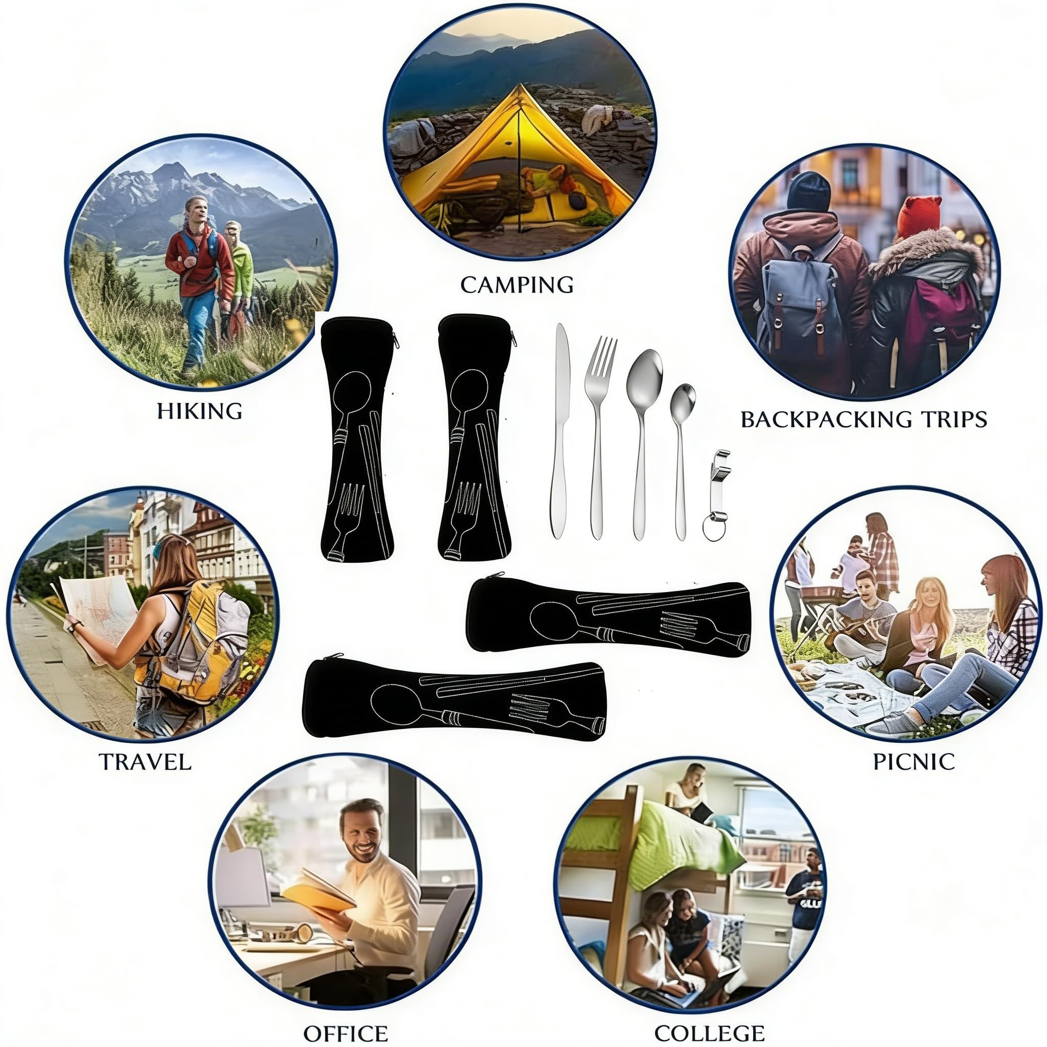4 Personen Campingbesteck Set,Reisebesteck mit Etui,Besteck für Unterwegs,Edelstahl Besteck für Outdoor Camping Picknick Schule（Black）