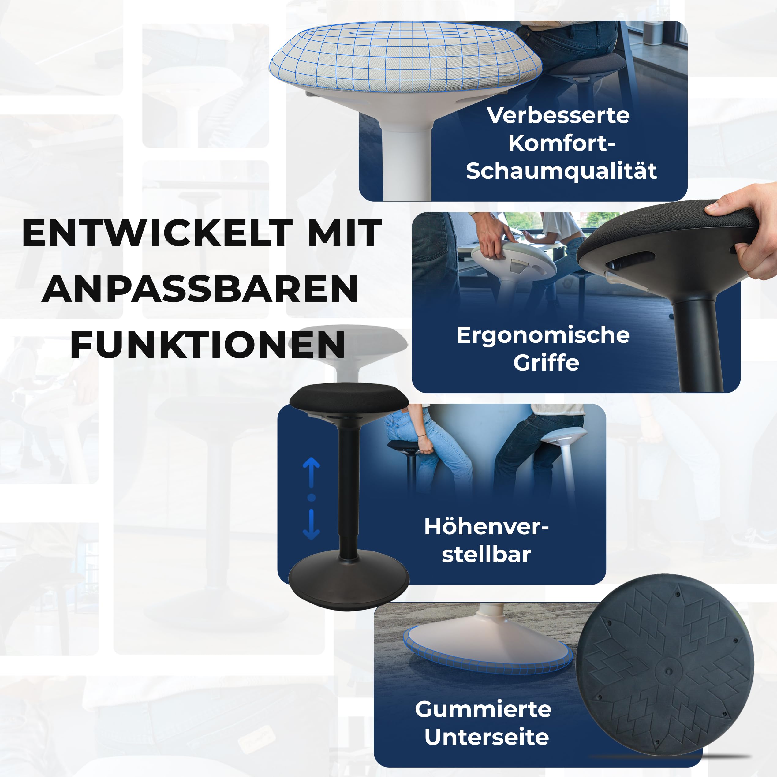 Ergonomischer Hocker TESTSIEGER - Bürohocker Höhenverstellbar [55-80cm] Stehhocker für Büro mit Schwingeffekt - Büro Stehstuhl - Rutschfester Sitzhocker Ergonomisch - Wackelhocker Büro - Mattschwarz