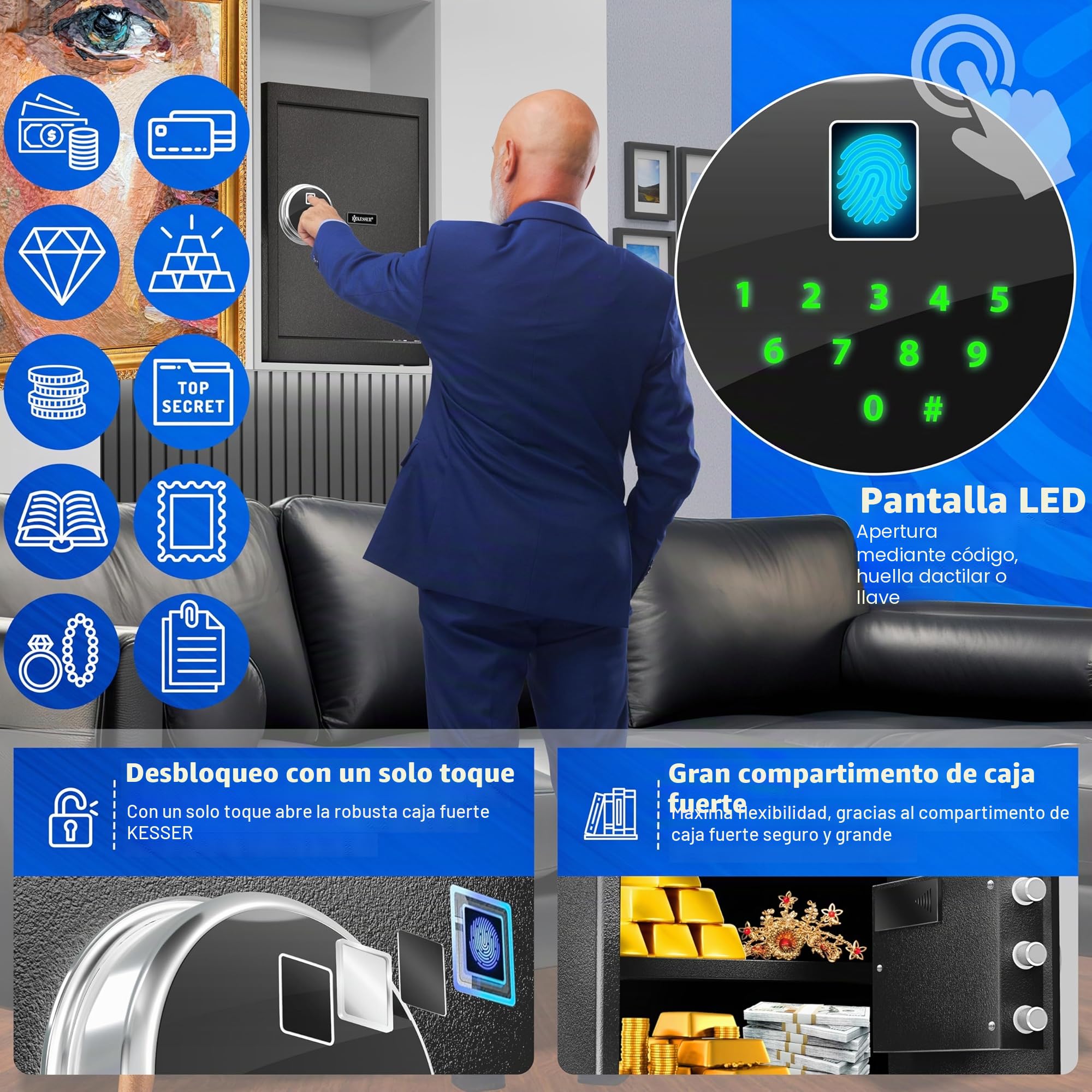KESSER Caja fuerte eléctrica con huella dactilar y llave XL batería emergencia 3 doble perno pared suelo muebles