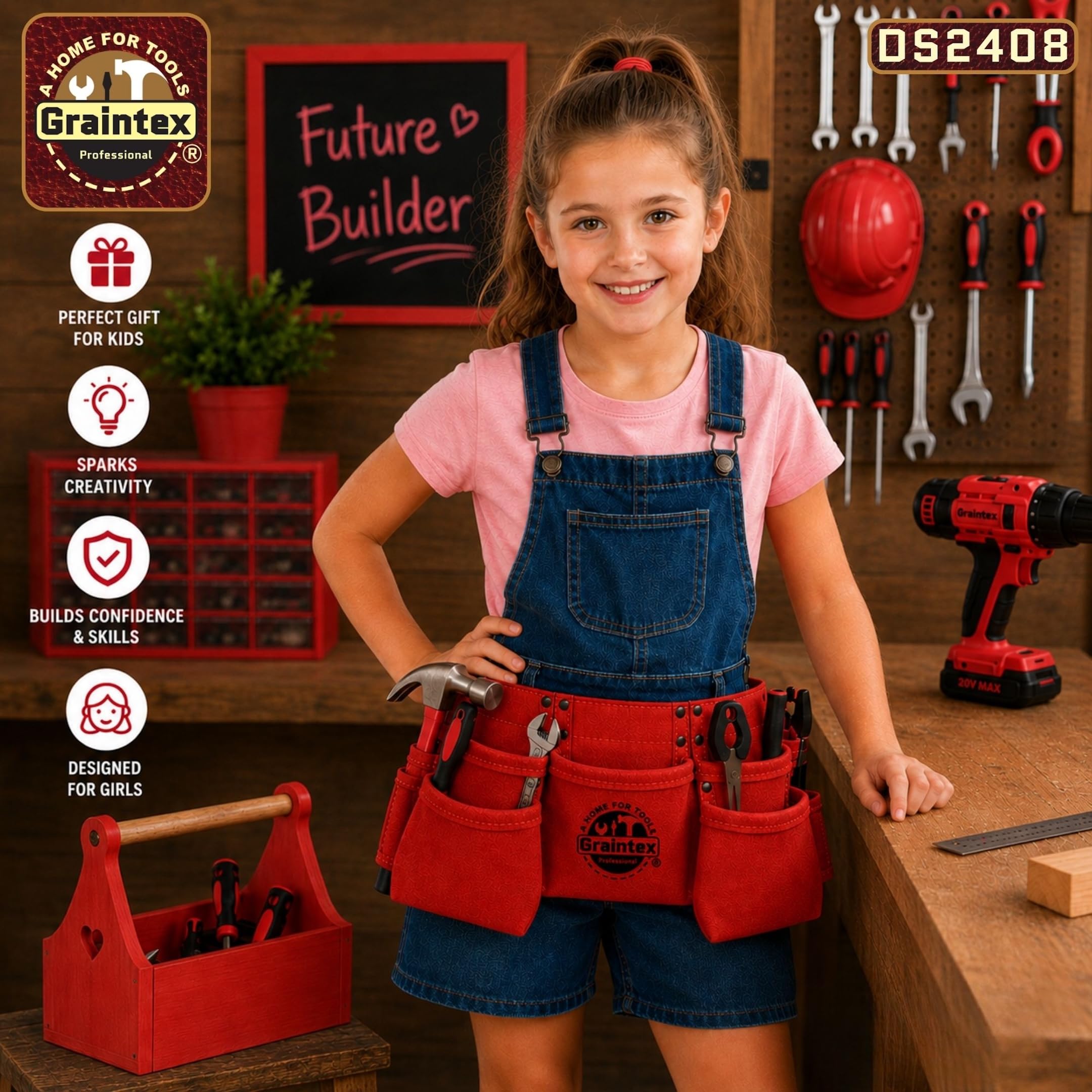 Graintex DS2408 9 bolsillo niños trabajo delantal color rojo gamuza cuero con cinturón de cuero de 1.1/2 pulgadas, 2 martillos titulares lazos