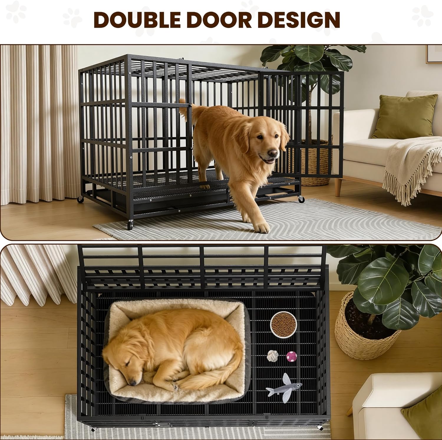 Heavy Duty Indestructible & Escape-Proof Dog Crate 48 Inch for Large High-Anxiety Dogs Double Door, Heavy Duty Dog Kennel with Lockable Wheels for Large XL XXL Dogs,Easy-Clean Removable Tray Included