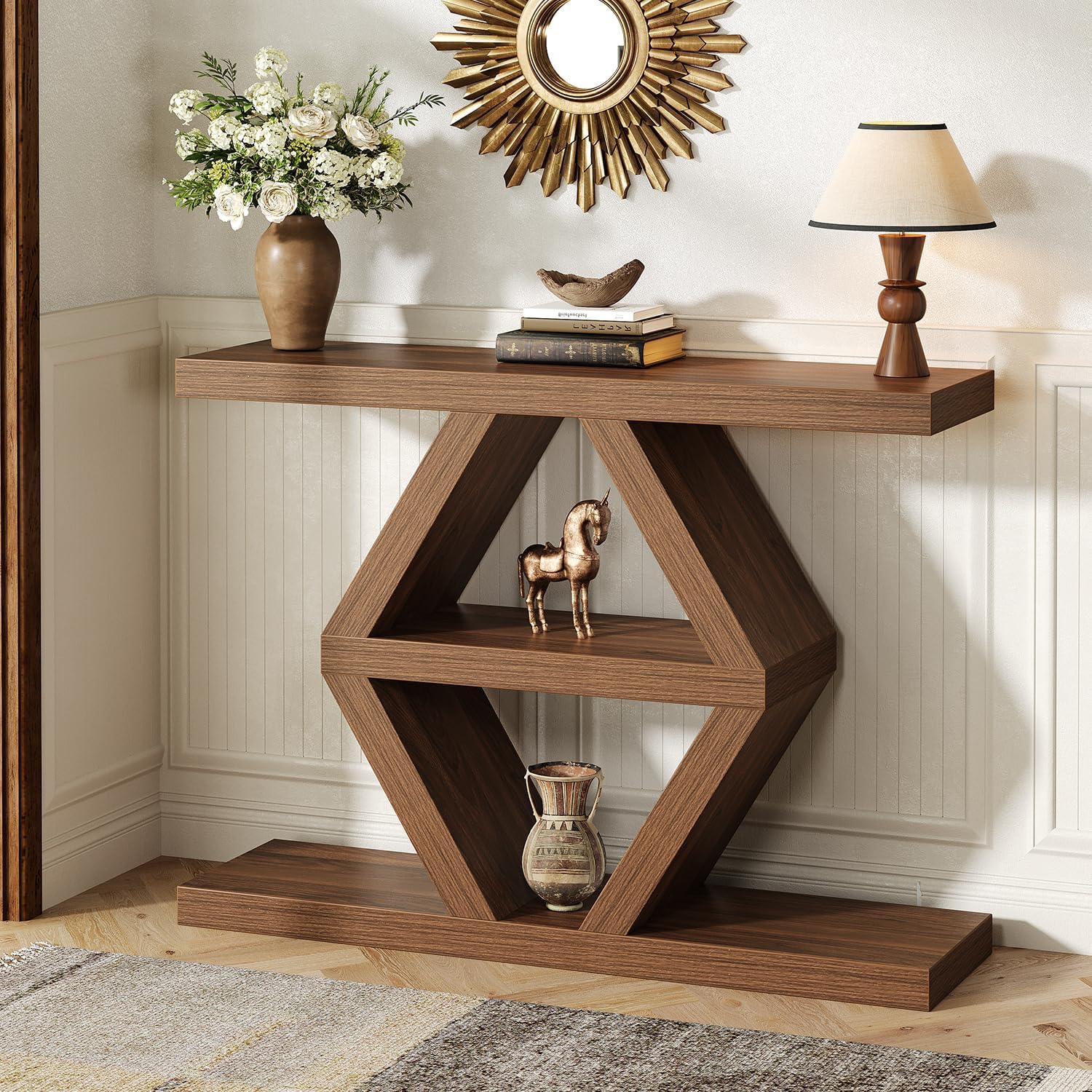 39.4-Inch Farmhouse Console Table for Entryway, Wood Behind Couch Table with Storage Shelves, Rectangular Sofa Table, Narrow Entryway Table for Entrance, Hallway, Foyer, Living Room, Entry Way Table