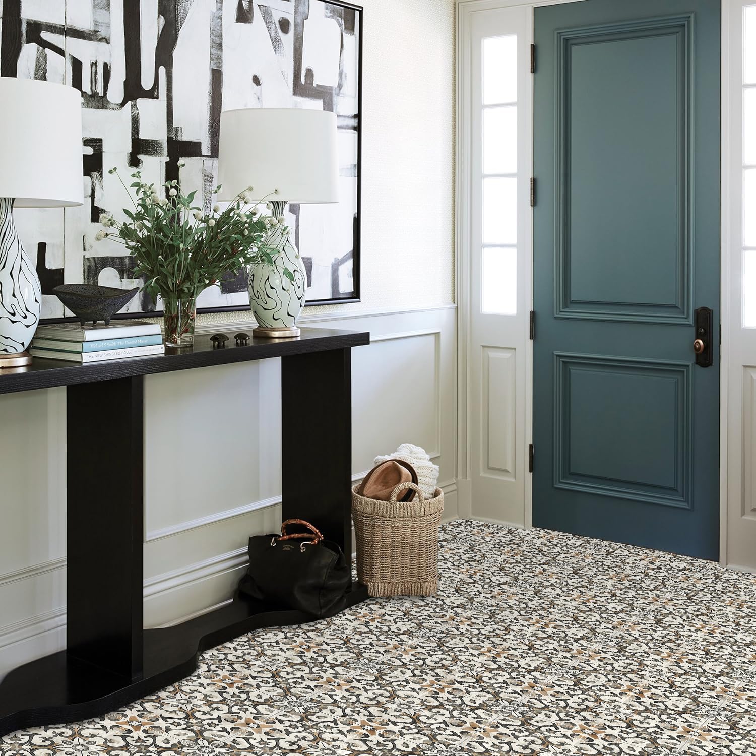 10 piezas de 12 x 12 pulgadas, estilo retro, gris, marrón, geométrico, cuadrado, vintage, pelar y pegar, azulejos de vinilo extraíbles e impermeables para baño, entrada, cocina, bar, habitación