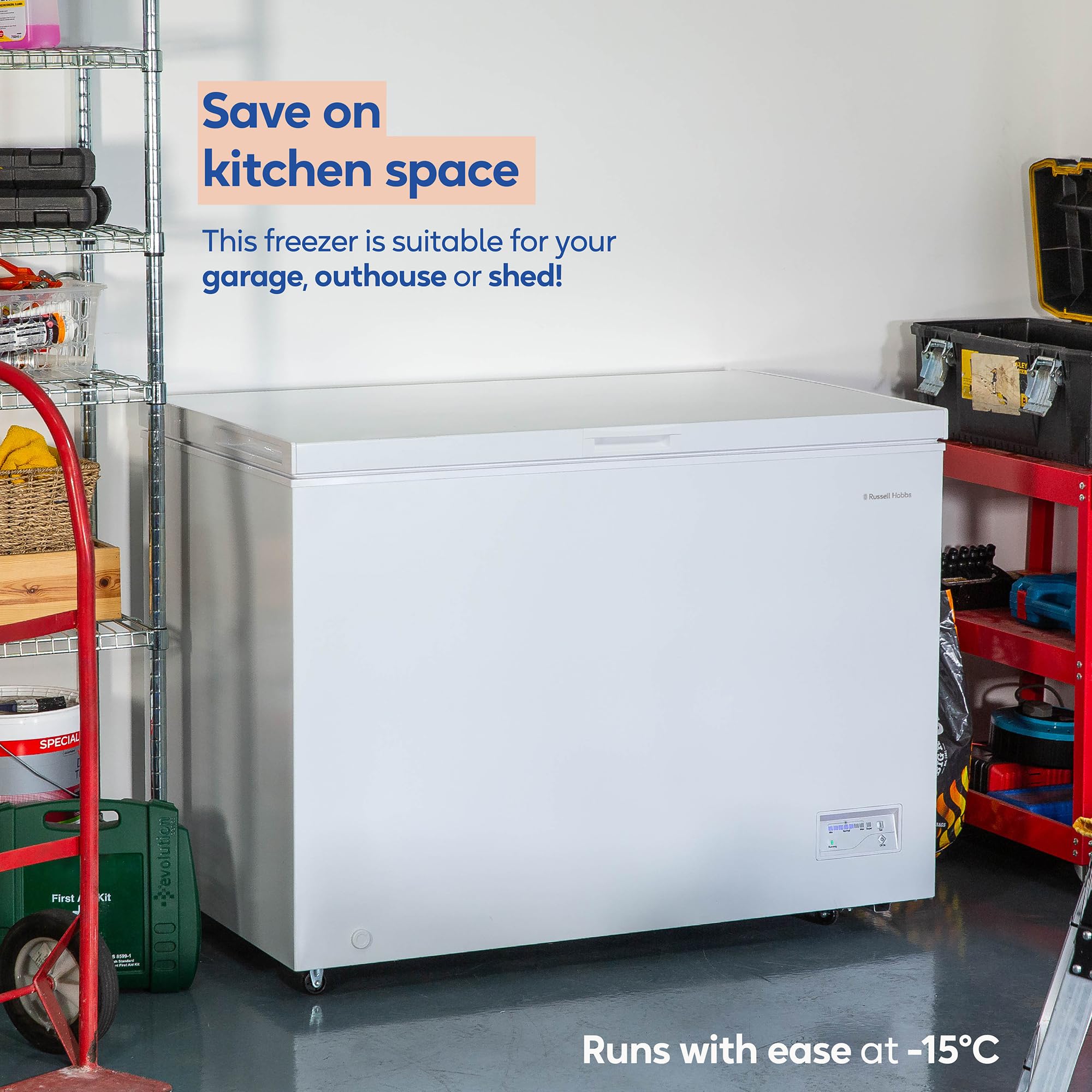 Russell Hobbs Free Standing Chest Freezer, 300 Litres, Low Noise, Garage Safe, Counterbalance Lid, Front Drain Hole, 1.8m Cord, Castor Wheels, 5 Year Registered Guarantee White, RH300CF201W — view 8