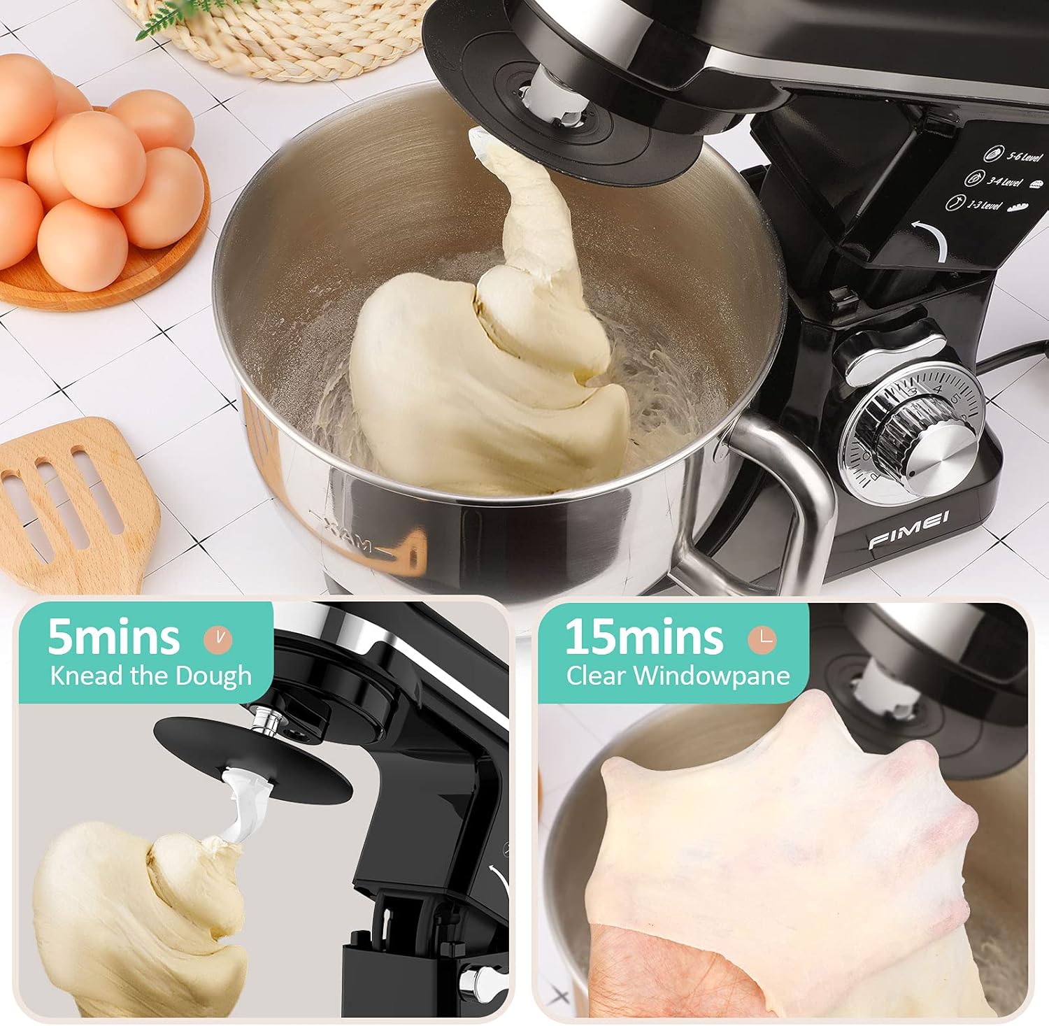 Promo 40% OFF FIMEI Stand Mixer, 5.5 Qt Food Mixer, 6-Speed Tilt-Head Kitchen Mixer (Dough Hook and Beater with Ceramic Glaze, Whisk), Lower Noise, Anti-Slip (Black)