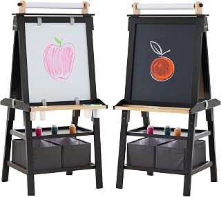 Little Partners Deluxe Learn 'N Play Toddler Easel for Kids, Two-Sided Art Center with Chalkboard, Magnetic Dry Erase Whiteboard, Paper Feed, Storage Bins, Paint Containers (Charcoal & Natural)