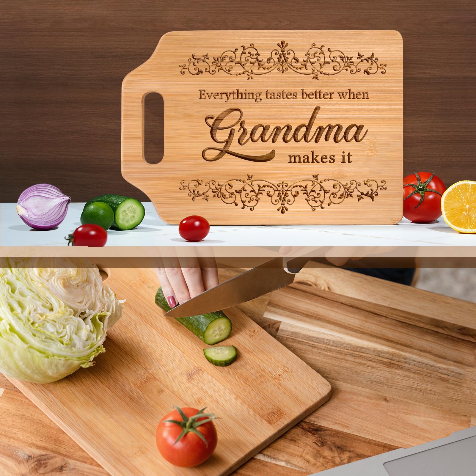 AceThrills Grandma Gifts for Grandma Birthday Gift from Grandkids - Engraved Bamboo Cutting Board 12.3"L x 8.7"W x 0.4"Th (Everything Tastes Better)