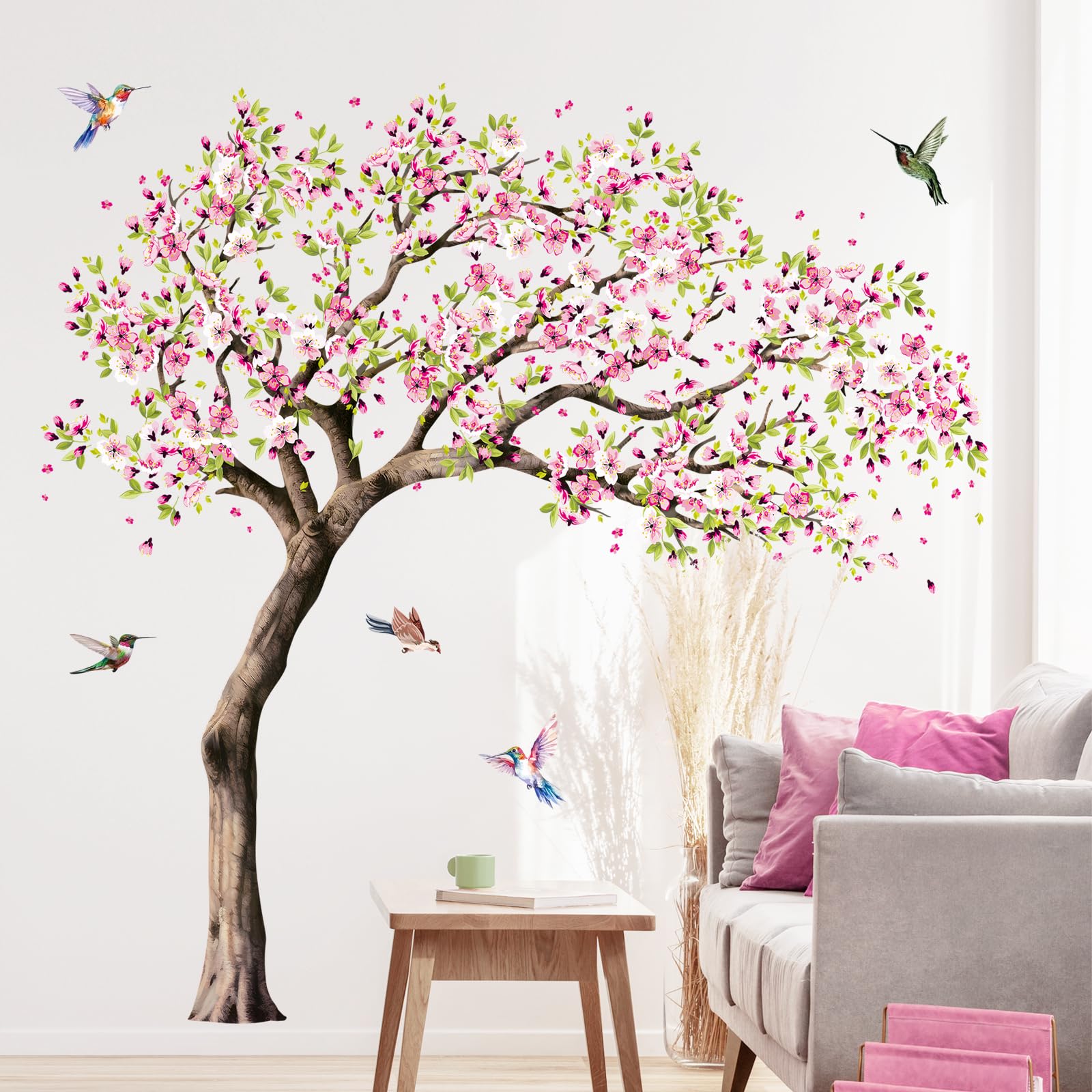 Large Blooming Cherry Tree Wall Stickers Pink Peach Blossom Tree Hummingbirds Wall Decals Peel and Stick Spring Wall Art Decor for Girls Bedroom Living Room Kitchen Sofa TV Backdrop Wall Decoration - Image 2