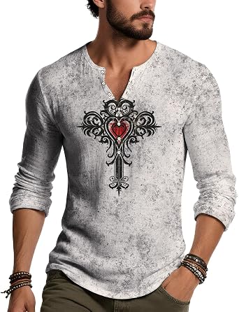 Mens Gothic Cross Floral Graphic Shirt Vintage Distressed Henley Neck Tops Casual Fall Fashion Long Sleeve Tees