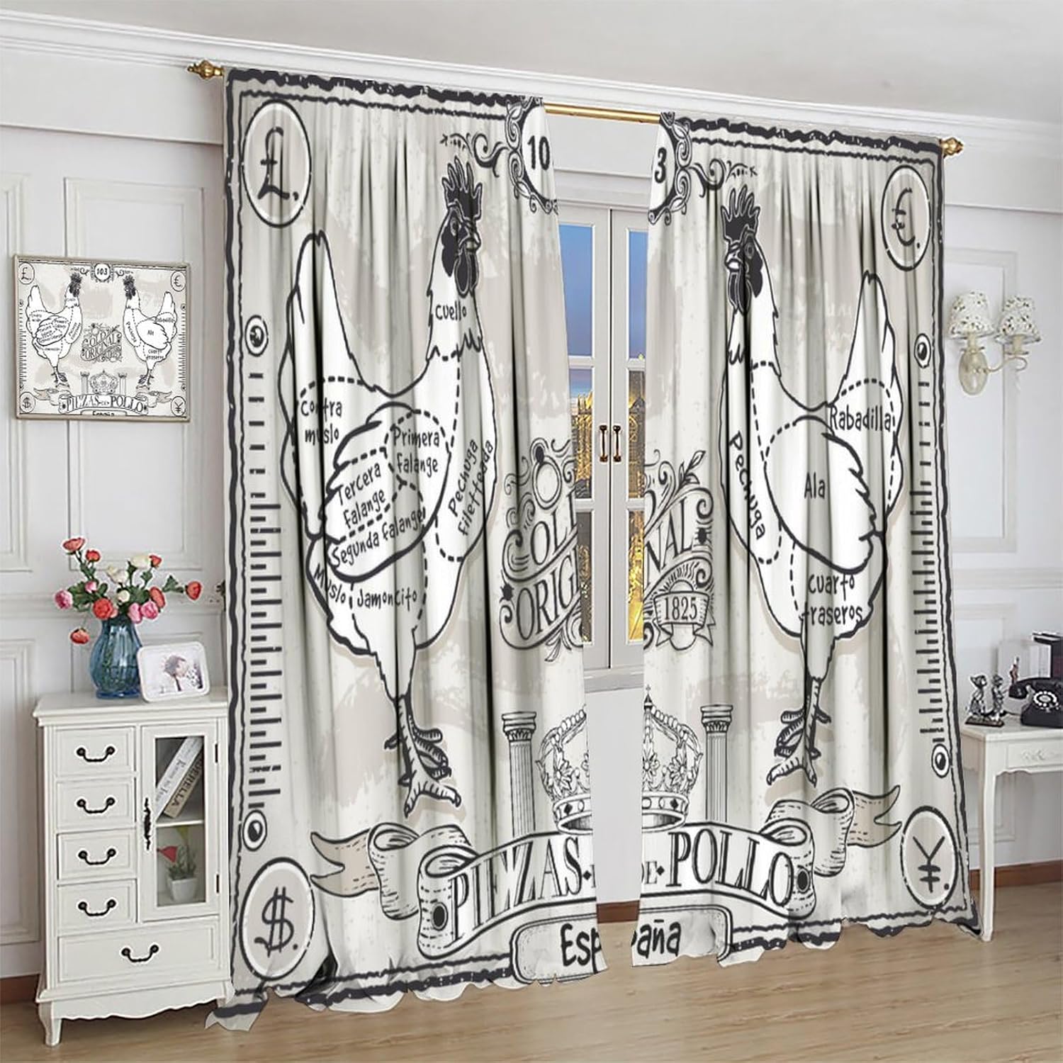 Farmhouse Curtains, Vintage Butcher Blackboard Cut of Chicken Meat Retro Menu Print for Room Window Decor, Rod Pocket Blackout Drapes for Living Room Bedroom Kitchen 2 Panel Set 21" W X 45" L