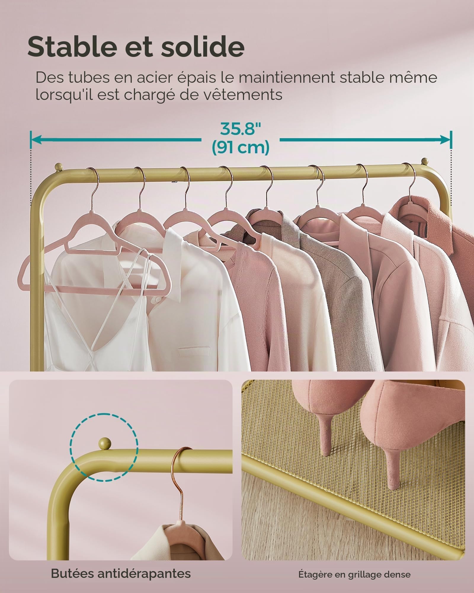 SONGMICS UHSR025A01 Portant à vêtements avec roulettes, pour suspendre les vêtements, 25,4 mm, avec étagère de rangement en maille dense, capacité de charge de 50 kg, 2 freins, doré