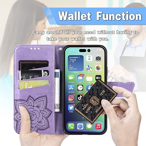 Miniatura 6 de Funda tipo cartera para iPhone 15 Pro Max con tarjetero de crédito, funda protectora de piel sintética para mujeres y hombres, con función atril de