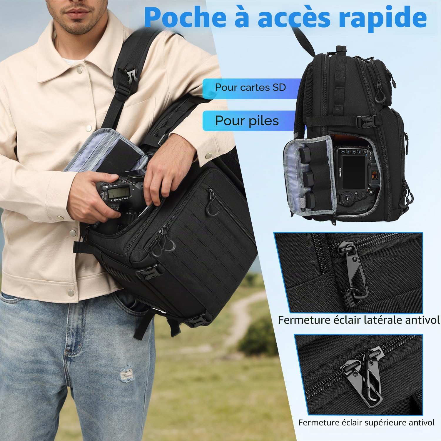 Sac à dos étanche pour appareil photo reflex numérique Canon Nikon Sony drone, objectif, ordinateur portable - Avec housse de pluie