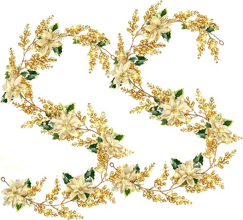 Ceenna Guirnalda de Pascua de Navidad de 12 pies con bayas de acebo, flores de pascua, enredaderas de flores de pascua, decoraciones de Navidad para