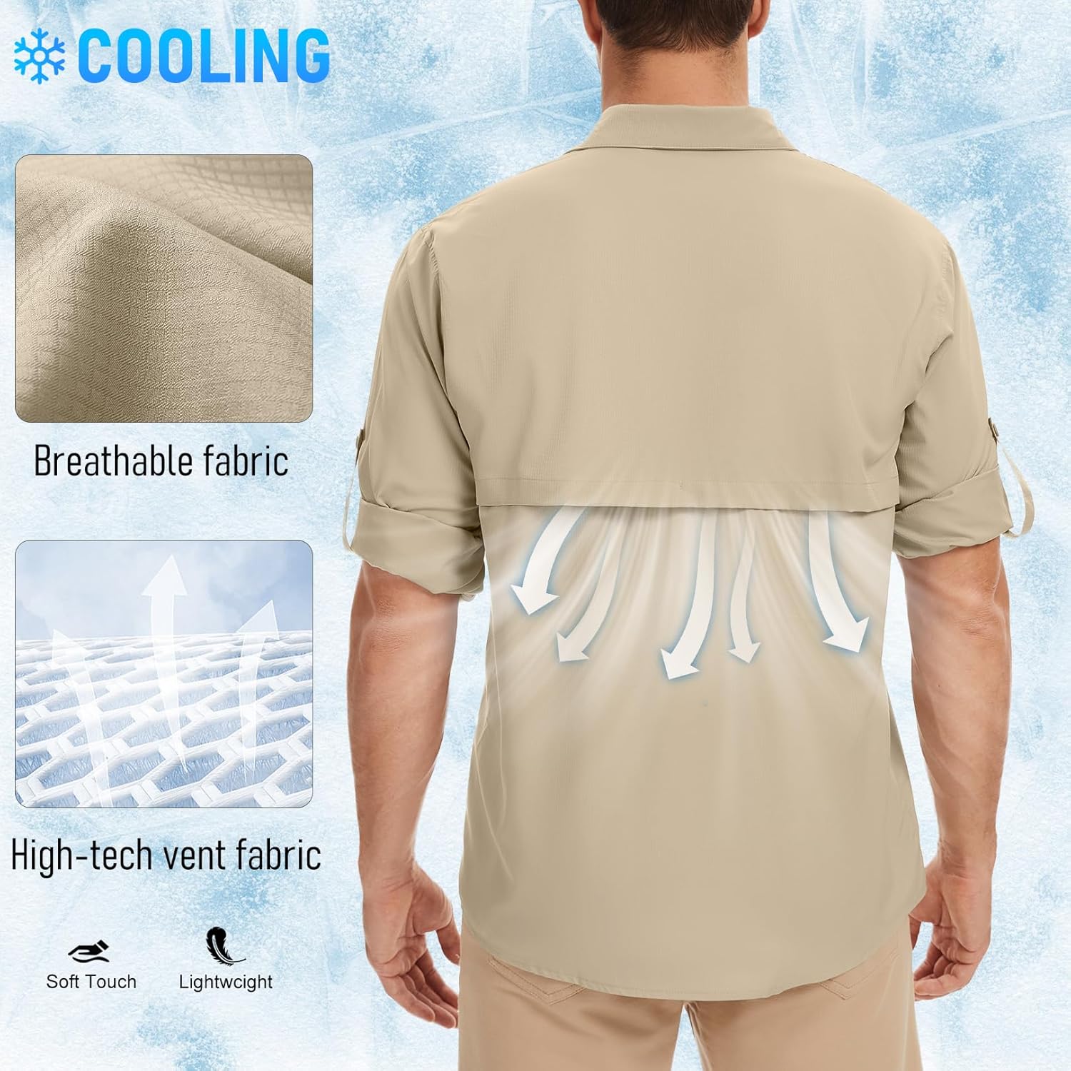 Men's Safari Shirt Long Sleeve Fishing UPF 50 Sun Protection Quick Dry Breathable Shirts for Travel Hiking Camping Work