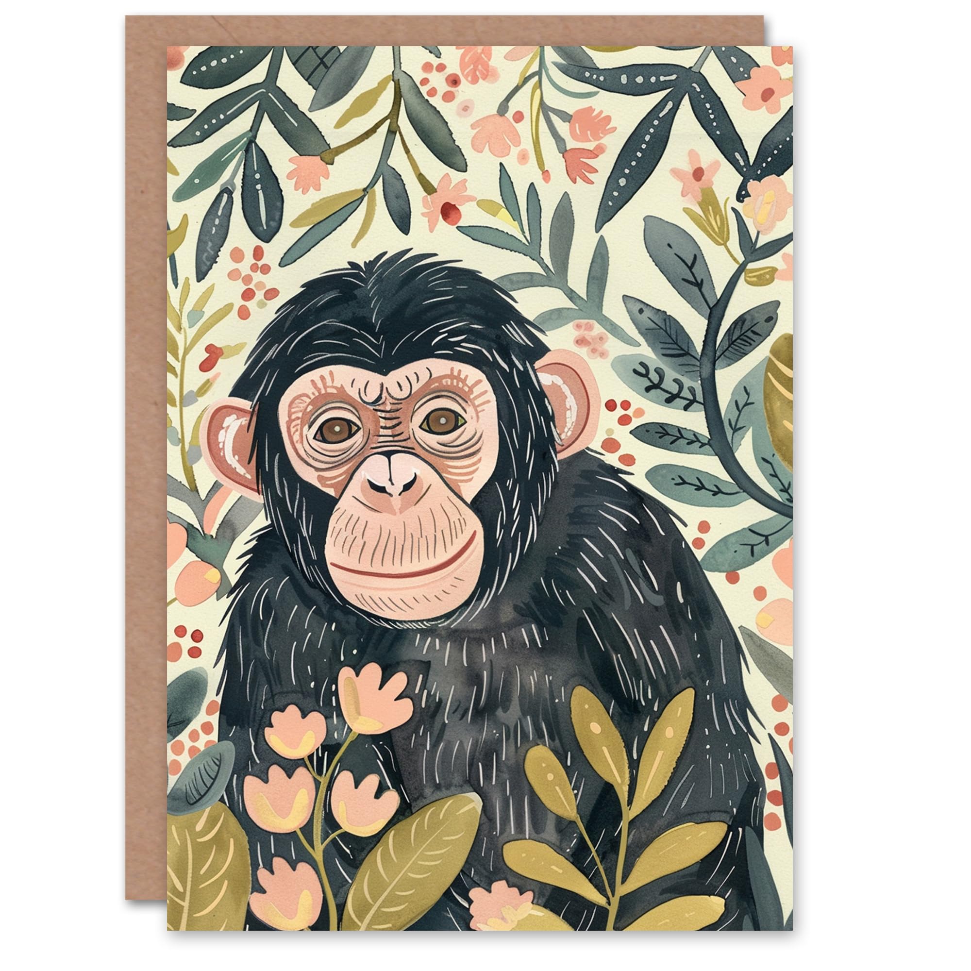 Artery8 Chimpanzee Ape Monkey With Pink Flowers Watercolour Blank For Him Or Her Art Birthday Card