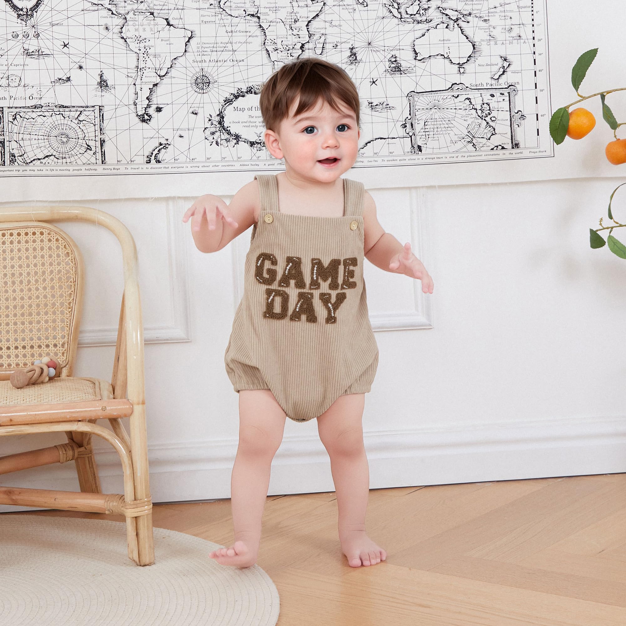 Dewadbow Newborn Football Outfit Boy Girl Football Game Day Embroidery Onesie Overalls Sleeveless Corduroy Romper Clothes (Beige, 3-6 Months)