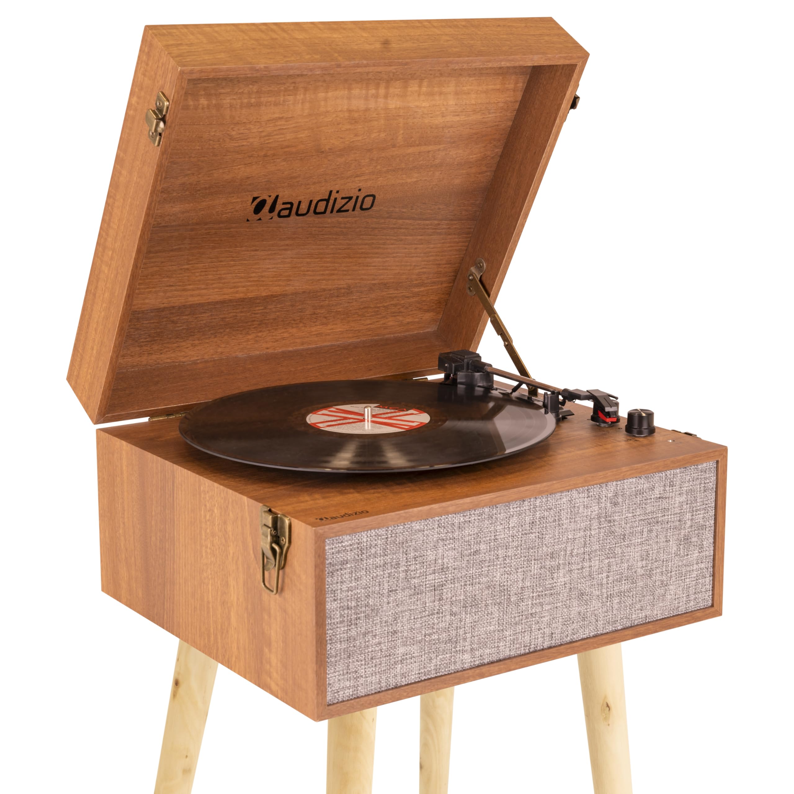 Audizio Fremont - Tocadiscos Retro con Patas de Madera, Bluetooth bidireccional, USB para digitalizar vinilos, Altavoces estéreo, RCA, 3 velocidades, Entrada AUX y Salida de Auriculares Color Madera