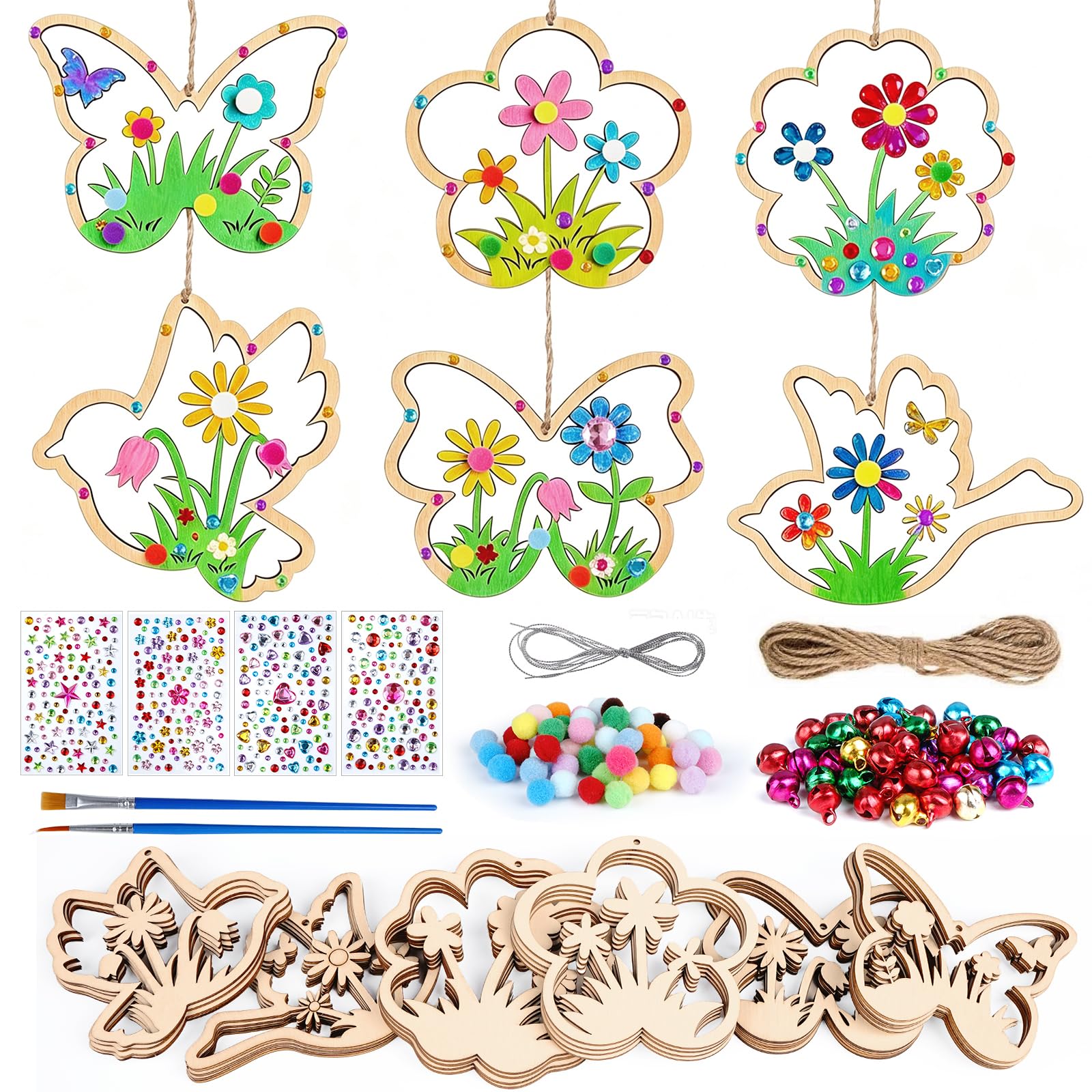 SETRON Unfinished Wooden Craft Hanging Ornament Set, Butterfly, Bird and Flower Shapes,Gems,Brush,Pom Poms and Bells, 24 Pieces Spring Crafts for Kids DIY Painting, School Crafts, Creative Birthday