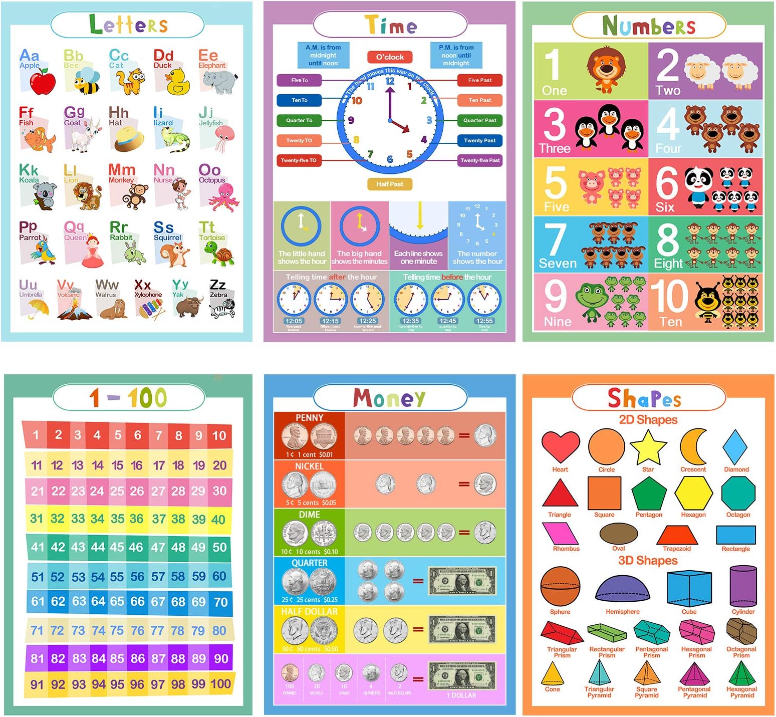 Laminated Educational Posters for Toddlers,17" X 22", Set of 6,Includes: Alphabet;Shapes;Numbers 1-10;Numbers 1-100;Money;Time.