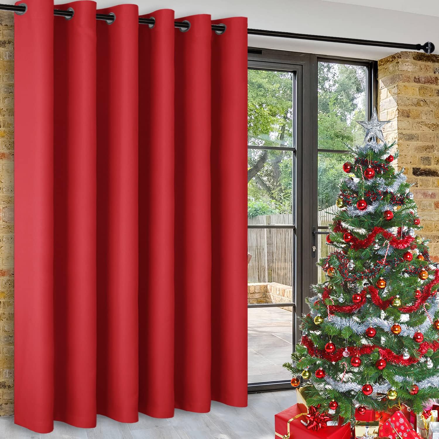 DWCN Christmas Privacy Room Divider Blackout Curtain - Thermal Curtains for Patio Door, Living Room, Bedroom Partition and Shared Office Space, 1 Grommet Curtain Panel, 8.3ft Wide x 7ft Tall, Red