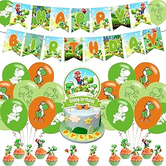 PINUO Yoshi Birthday Party Supplies - Mario Yoshi Decorations Pack with Banner, Cake Topper, 18 Balloons, 12 Cupcake Toppers - Red, Green