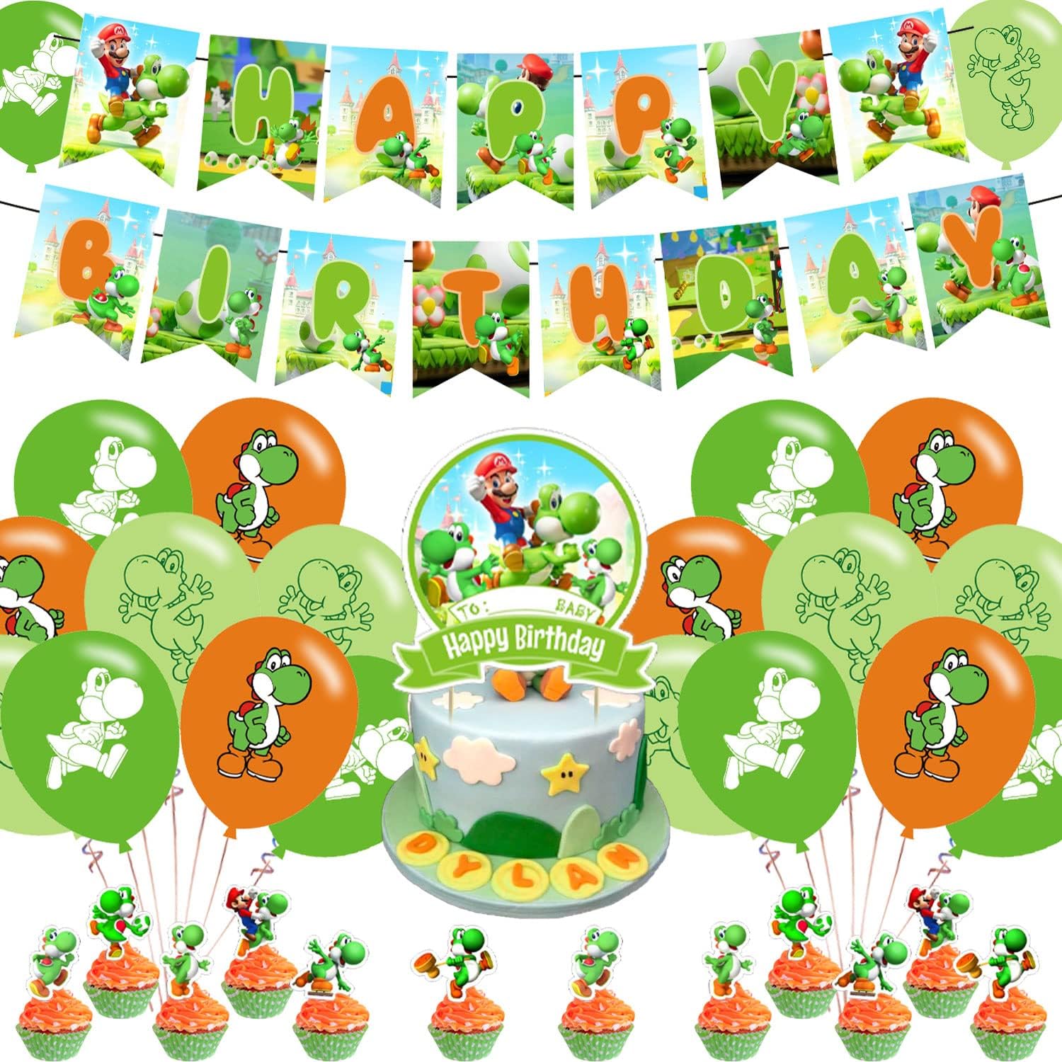 Yoshi Birthday Party Supplies - Mario Yoshi Decorations Pack with Banner, Cake Topper, 18 Balloons, 12 Cupcake Toppers - Red, Green