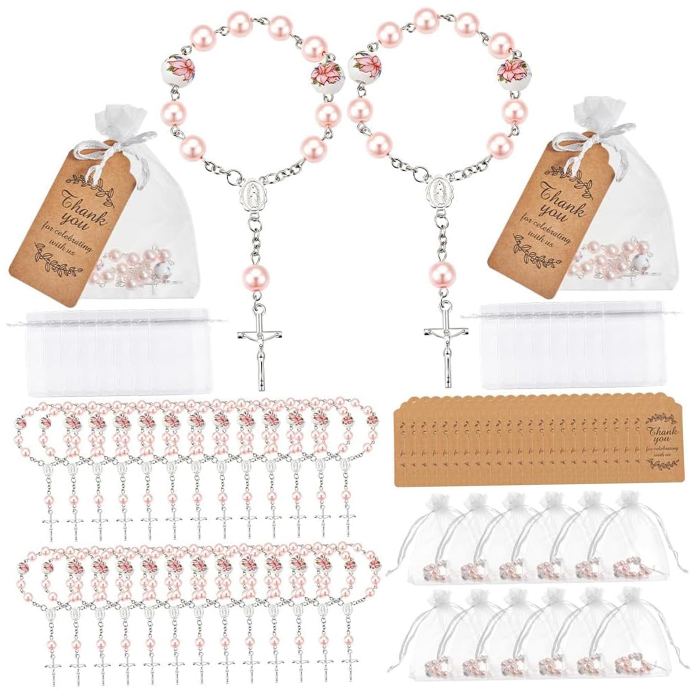 Mini chapelet, 50 pièces chapelet de baptême faveurs bracelets de perles fleurs en céramique avec pendentif croix pour baptême mariages première communion, 2, 2 pouces