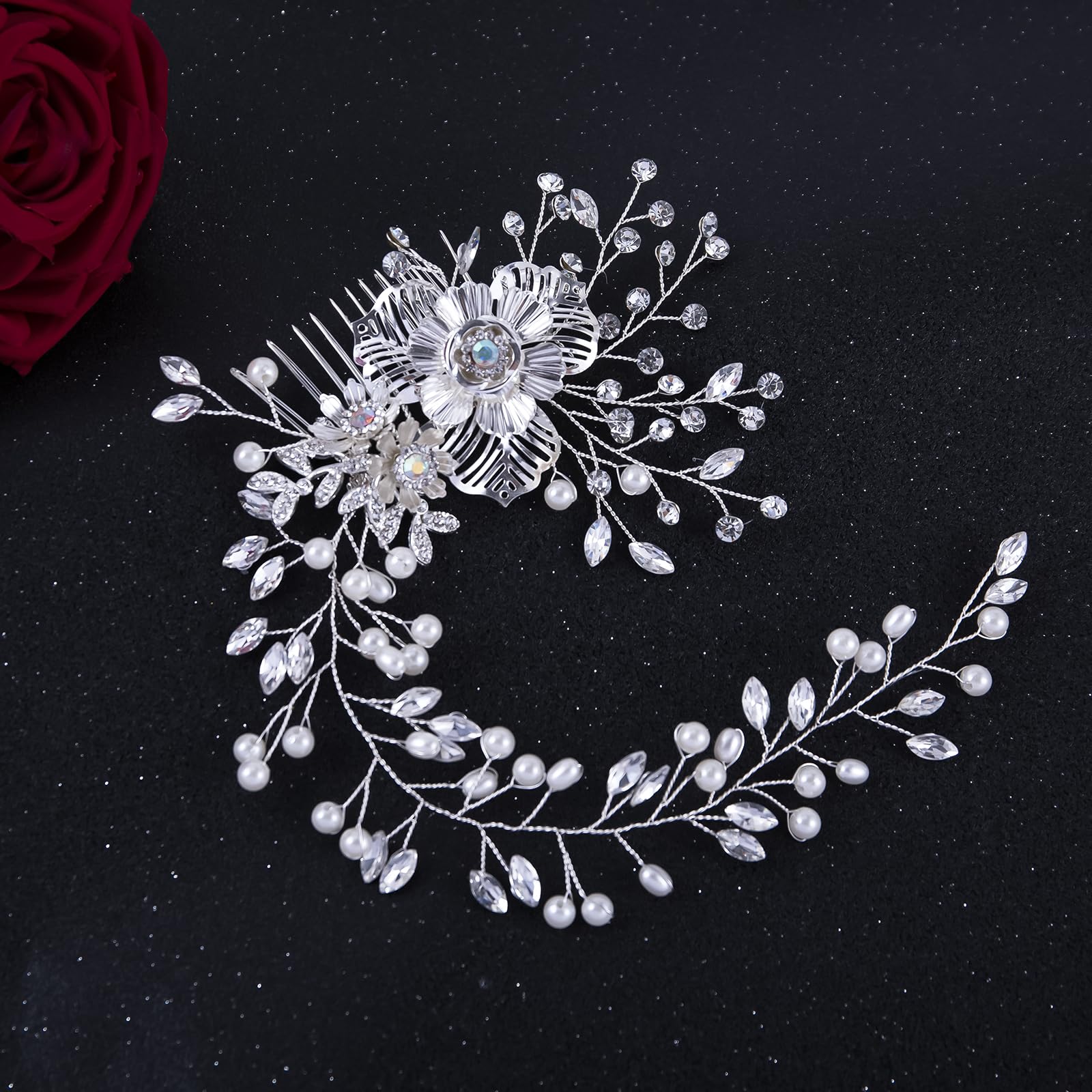 Braut-Haarkamm, Hochzeitshaarteile für Bräute, Perlen-Blumenranke, Braut-Kopfschmuck, Kristall-Haarschmuck für Brautjungfer, Silber, 1