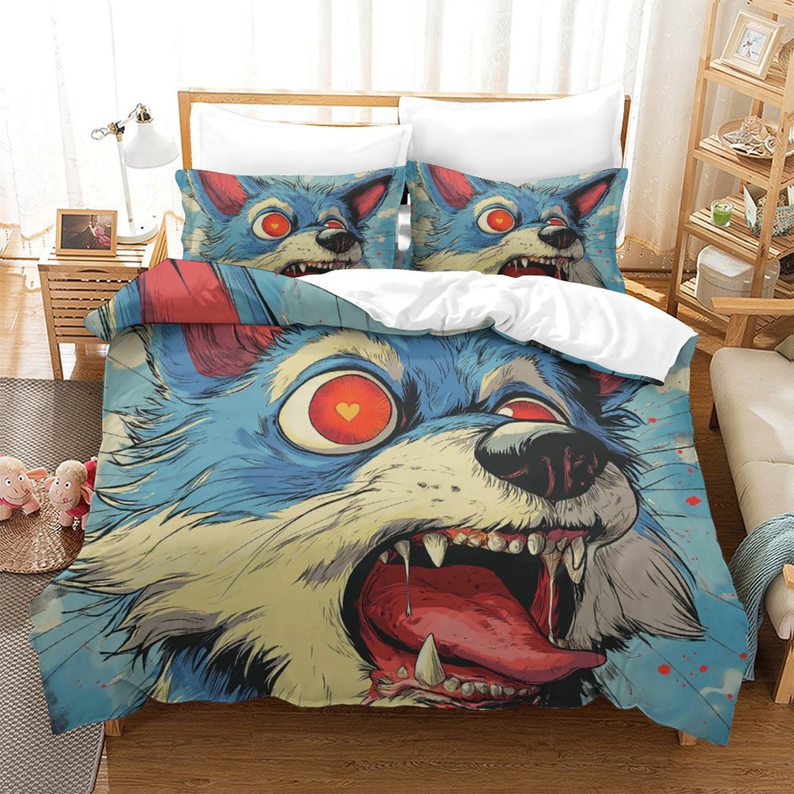 Housse de couette loup imprimé 3D linge de lit microfibre 3 pièces taille 260x220cm pour ado
