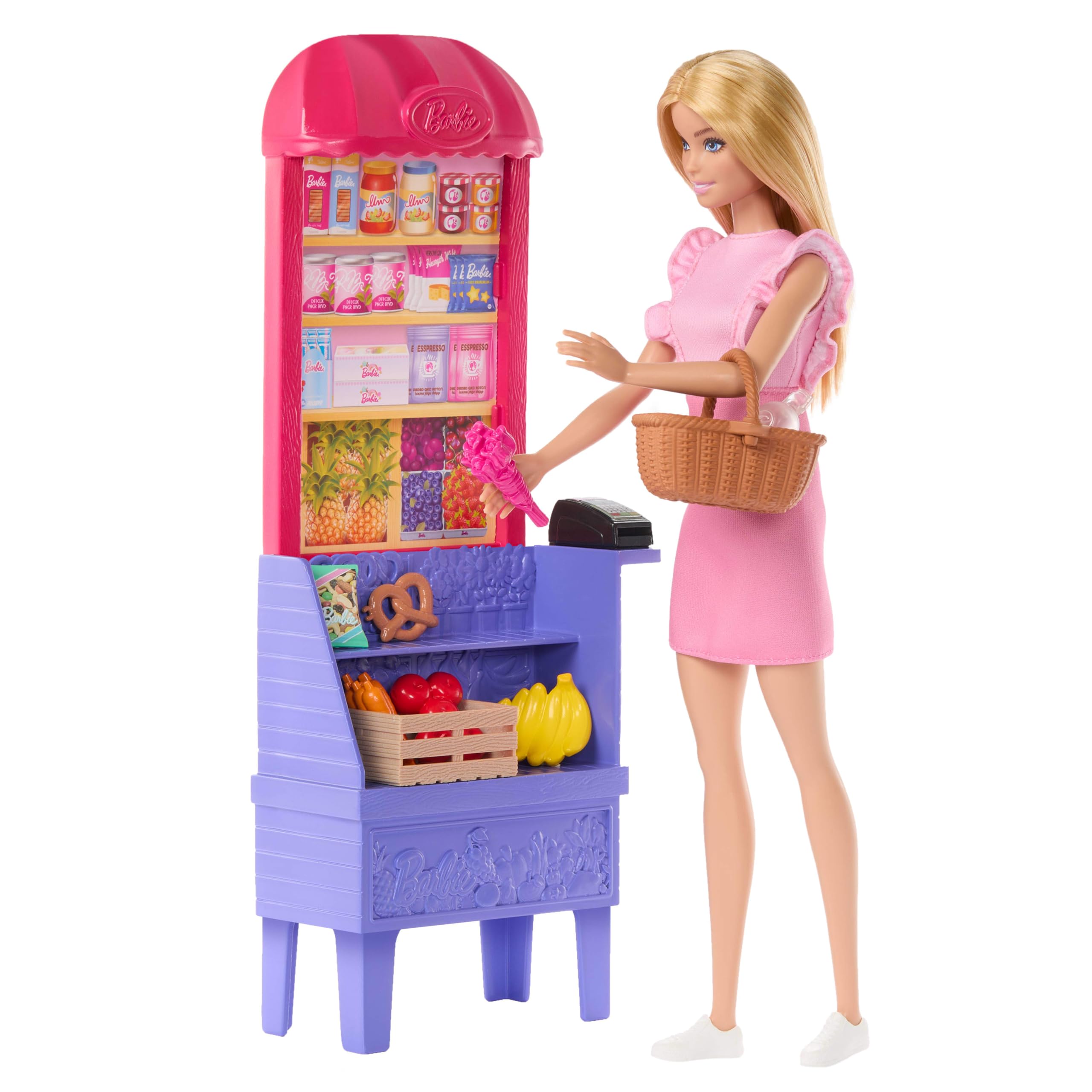 Barbie und Teresa Rezept für Freundschaft Modepuppe und Spielset, Malibu auf dem Markt mit 11 Zubehörteilen, inklusive Marktstand und Lebensmittel, JCT05