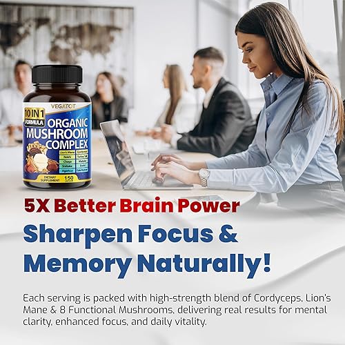 Miniatura 5 de Suplemento de hongos 10 en 1 de alta resistencia - Melena de león, Cordyceps, Reishi - Suplementos cerebrales para memoria y concentración.