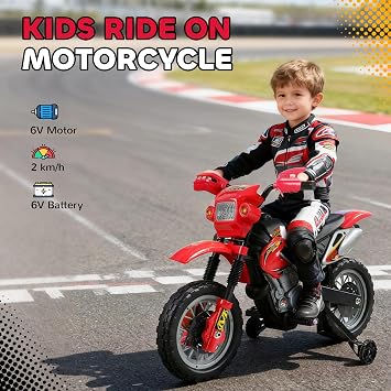 Aosom 6V Kids Motorcycle, Electric Motorcycle with Dirt Bike Style, Street Bike Design Battery Powered Ride On Toy with Training Wheels, Headlight, Music, Ages 5-8, Red