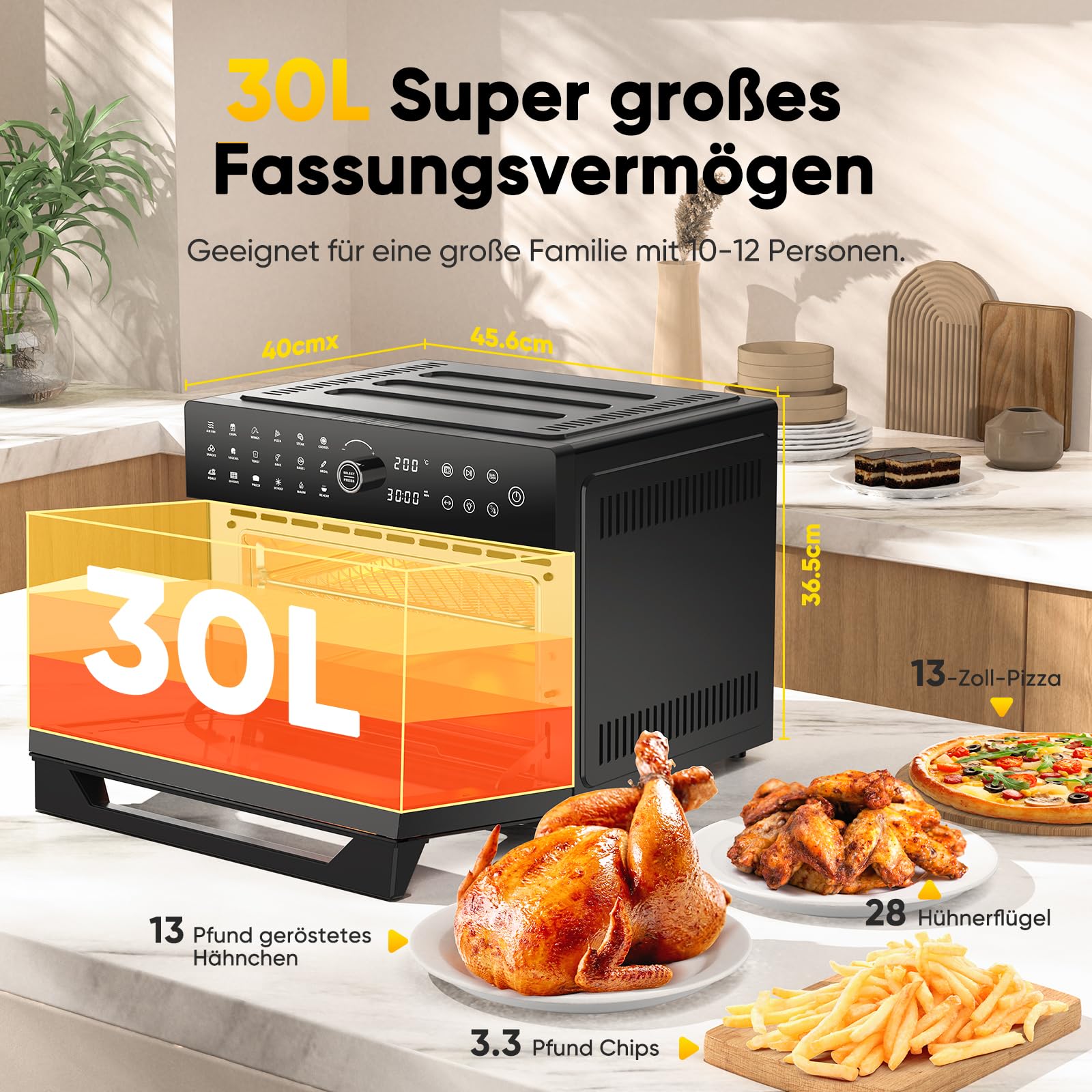 Friggitrice ad Aria Calda 30L Forno ad Aria XXL con Touch Screen a LED,Fornetto Elettrico con 20 Programmi e Due Modalità di Cottura, Friggitrice ad Aria Calda 1800W Forno Friggitrice ad Aria,Timer 8h