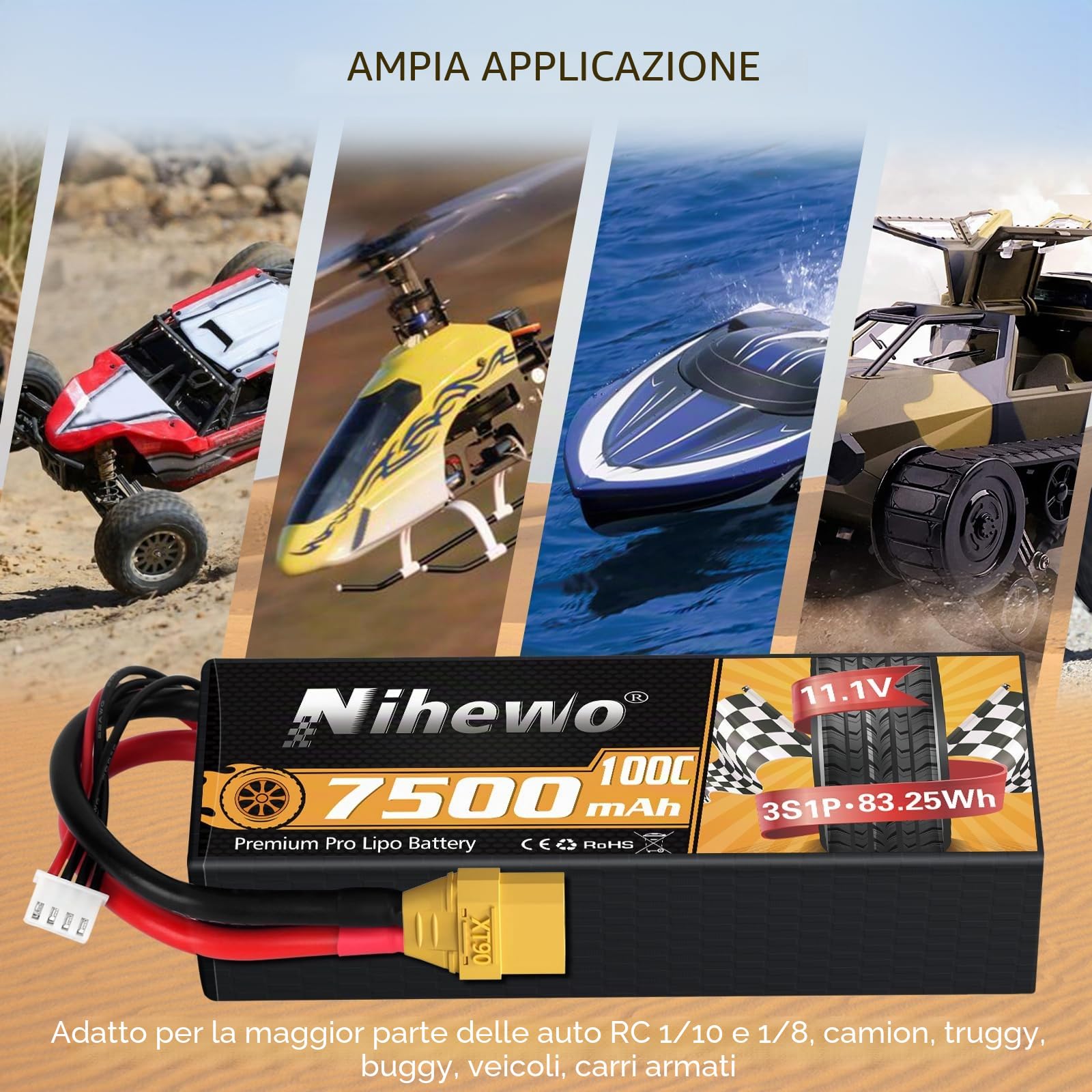 Batteria Lipo 3S, 2 Pezzi Batteria RC 11,1 V 7500 mAh 100C Custodia Rigida Lipo 3S Connettore XT90 Compatibile con 1/8 1/10 RC Auto Camion Truggy Veicoli Serbatoio Barca Aereo Modelli