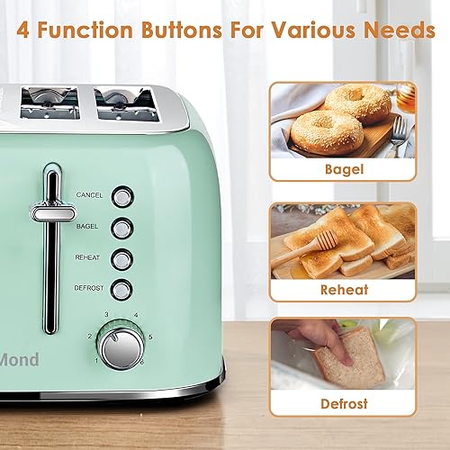 Miniatura 3 de Roter Mond Tostadora de 4 rebanadas + licuadora personal, tostadora retro de acero inoxidable, potente licuadora de batidos, verde