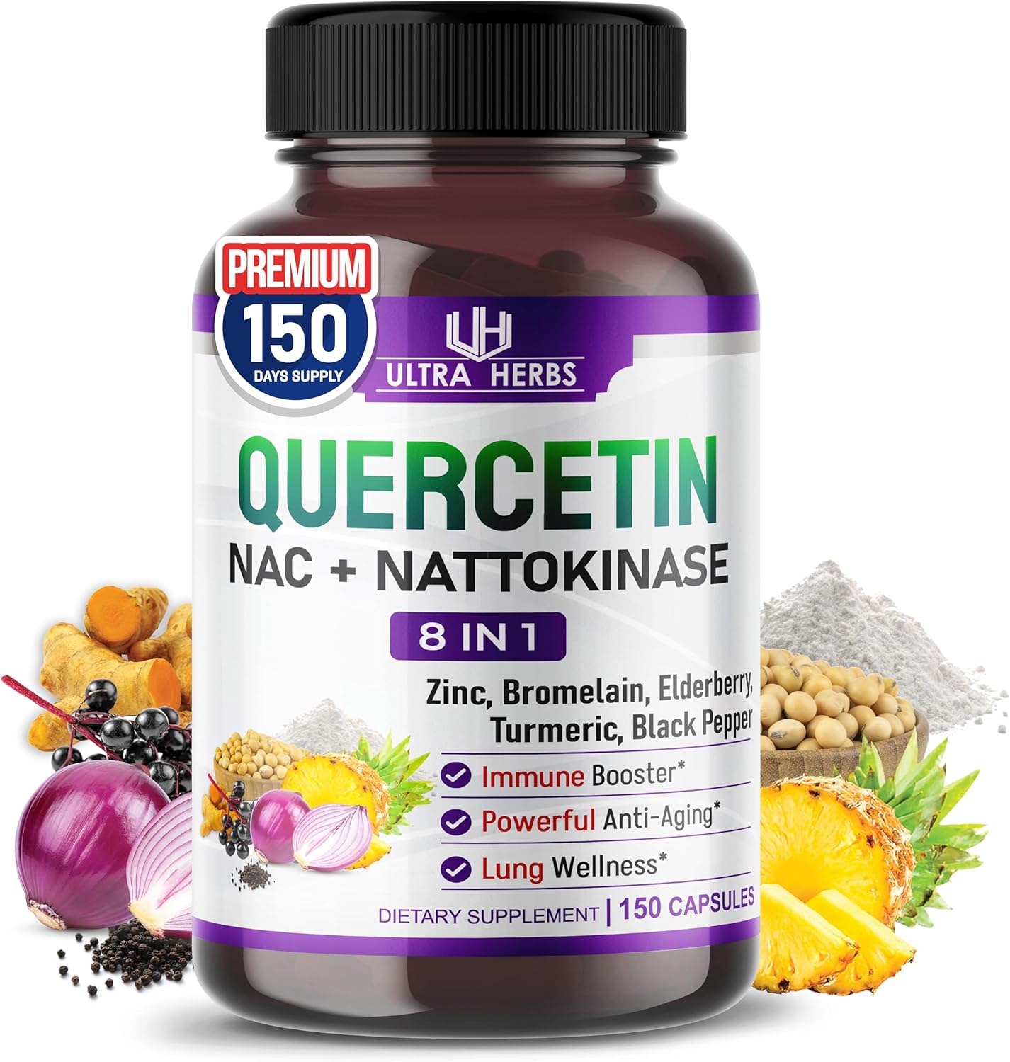 Quercetin Supplement with Bromelain, Vitamin C and Zinc, Nattokinase, NAC, Elderberry, Elderberry | 8 in 1 Ultra Antioxidant Complex for Immune Health | 150 Capsules Quercetin Supplement with Bromelain, Vitamin C and Zinc, Nattokinase, NAC, Elderberry, Elderberry | 8 in 1 Ultra Antioxidant Complex for Immune Health | 150 Capsules